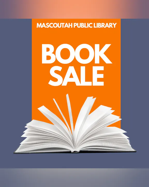 Mascoutah Public Library announces a book sale with an image of an open book on an orange background.