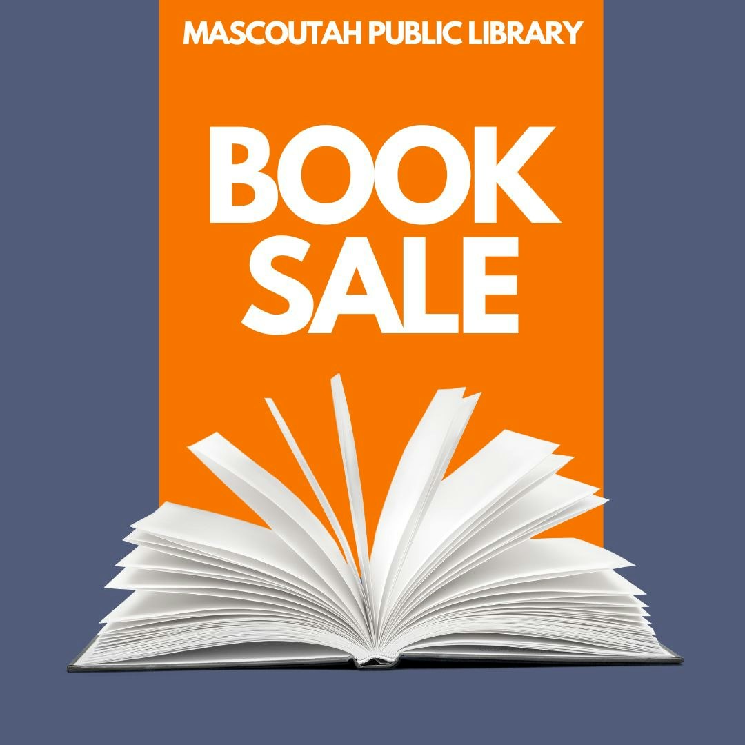 Mascoutah Public Library announces a book sale with an image of an open book on an orange background.
