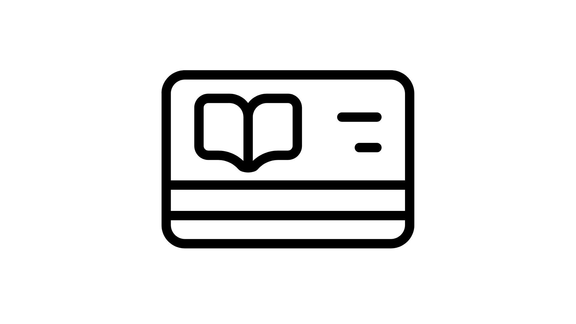 An illustrated ID card with a book icon and lines, possibly representing text.