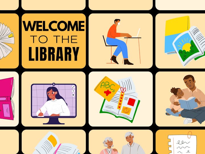 Grid of library-themed illustrations: books, people reading, "Welcome to the Library" text, virtual learning, and family reading together.