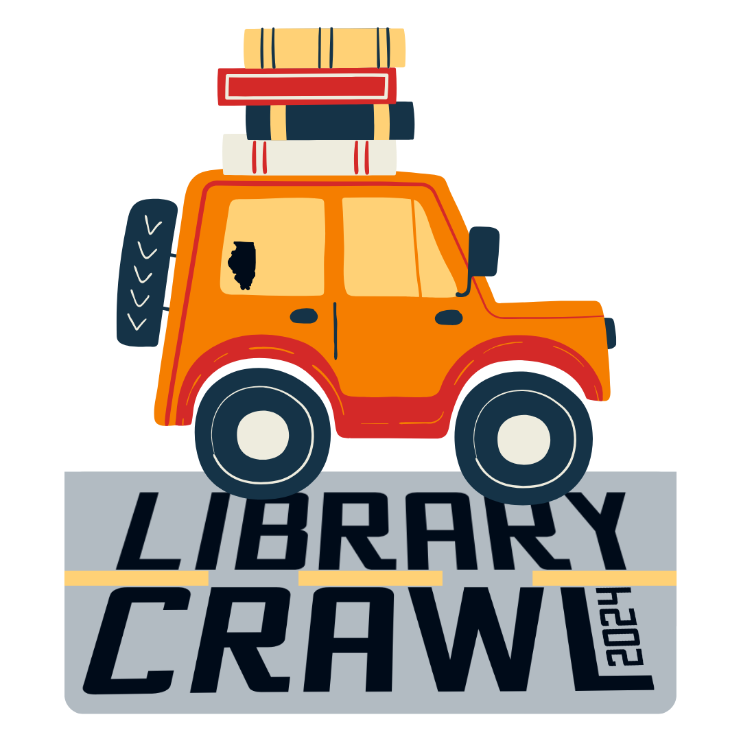 An illustration with an orange SUV carrying books on its roof, over the text "LIBRARY CRAWL 2021".