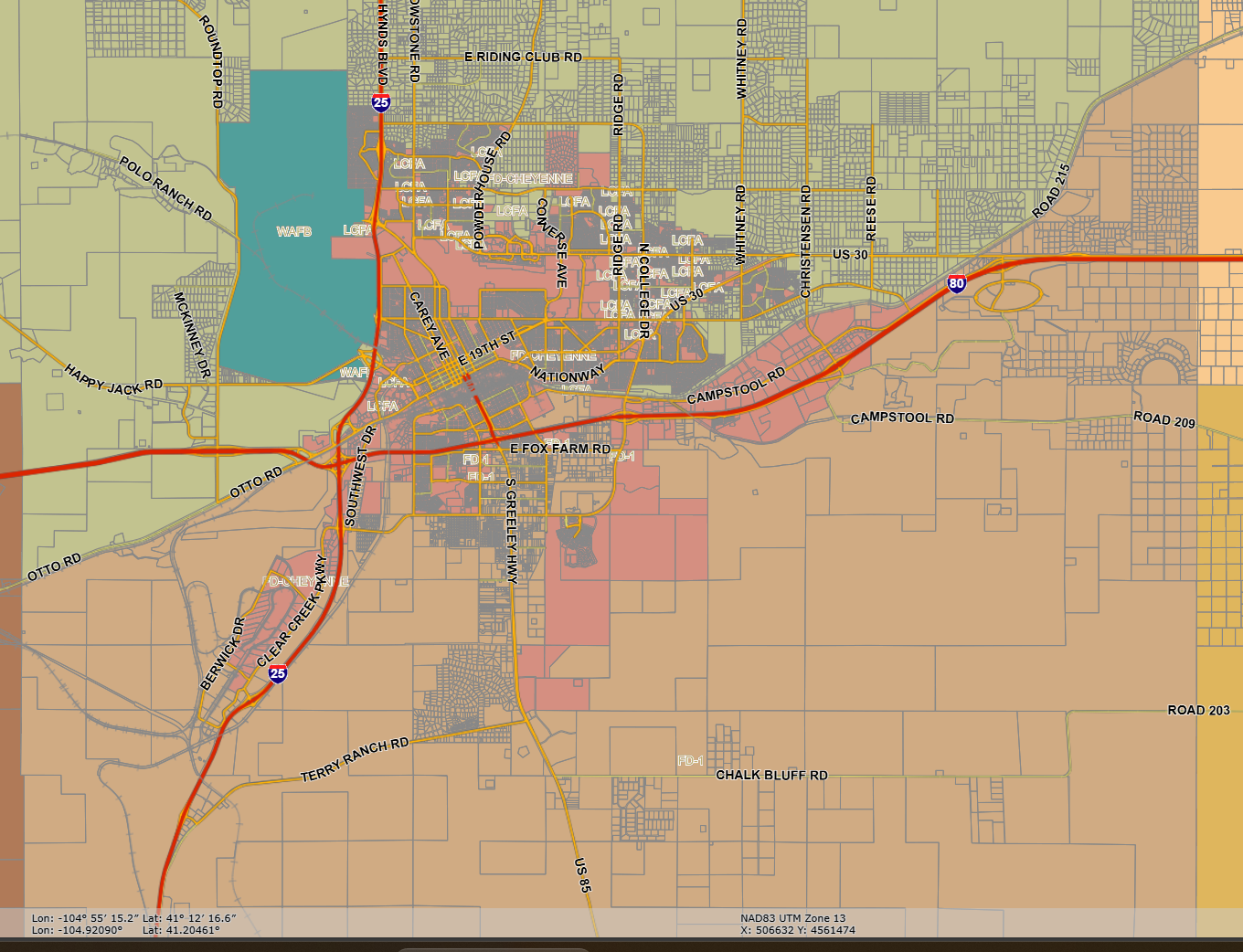 Map of Cheyenne area with roads, neighborhoods, and major highways highlighted.