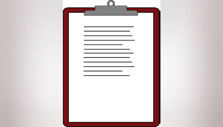 A clipboard with a sheet of paper containing horizontal lines, resembling text.