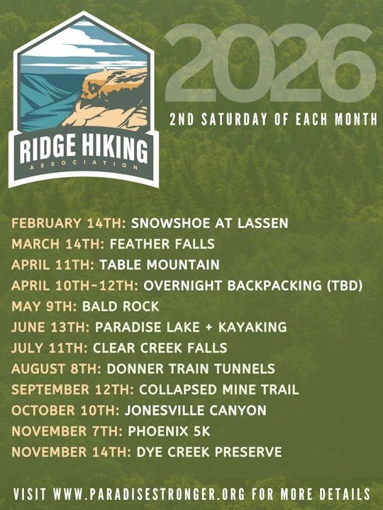 2026 Ridge Hiking Association events: monthly hikes from Feb to Nov, including snowshoeing, kayaking, and trail explorations.