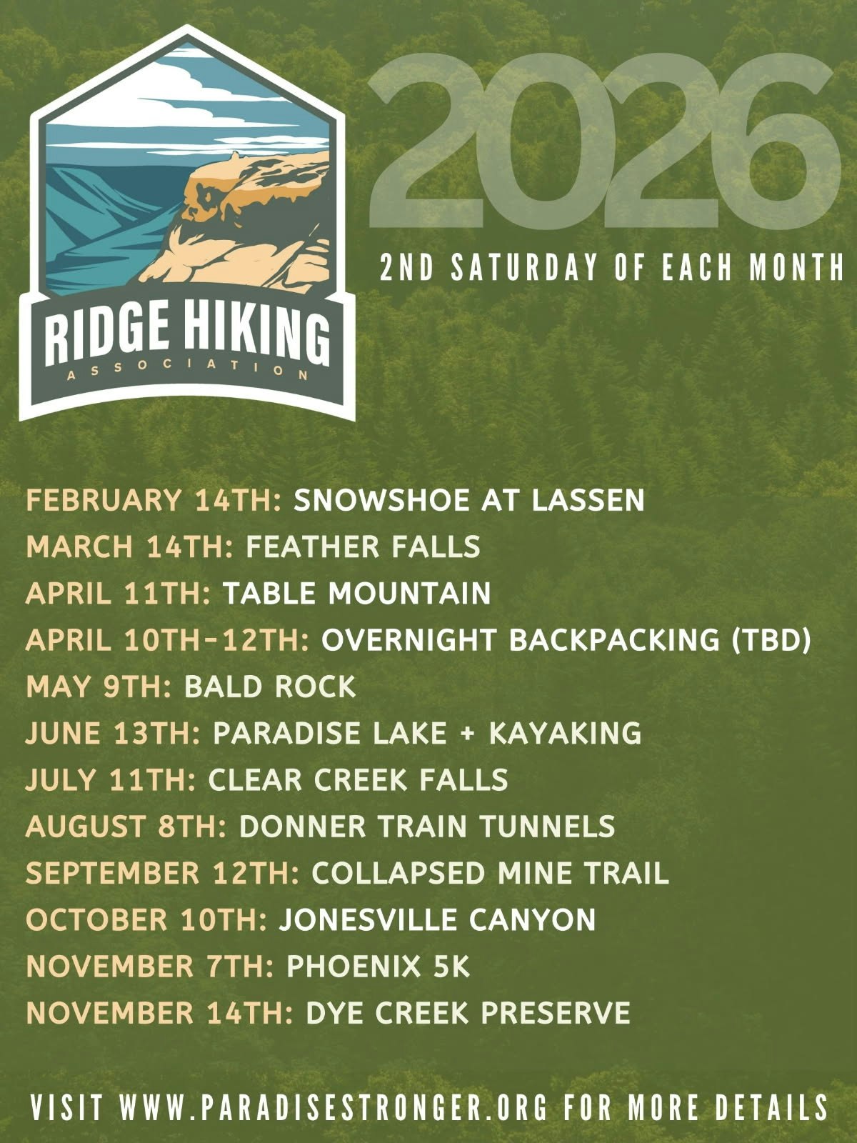 2026 Ridge Hiking Association events: monthly hikes from Feb to Nov, including snowshoeing, kayaking, and trail explorations.