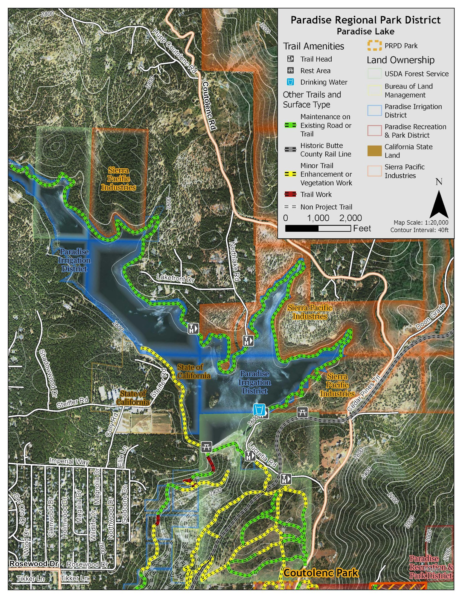 The image is a map of Paradise Lake, showing trails, parks, land ownership, and amenities in the Paradise Regional Park District.