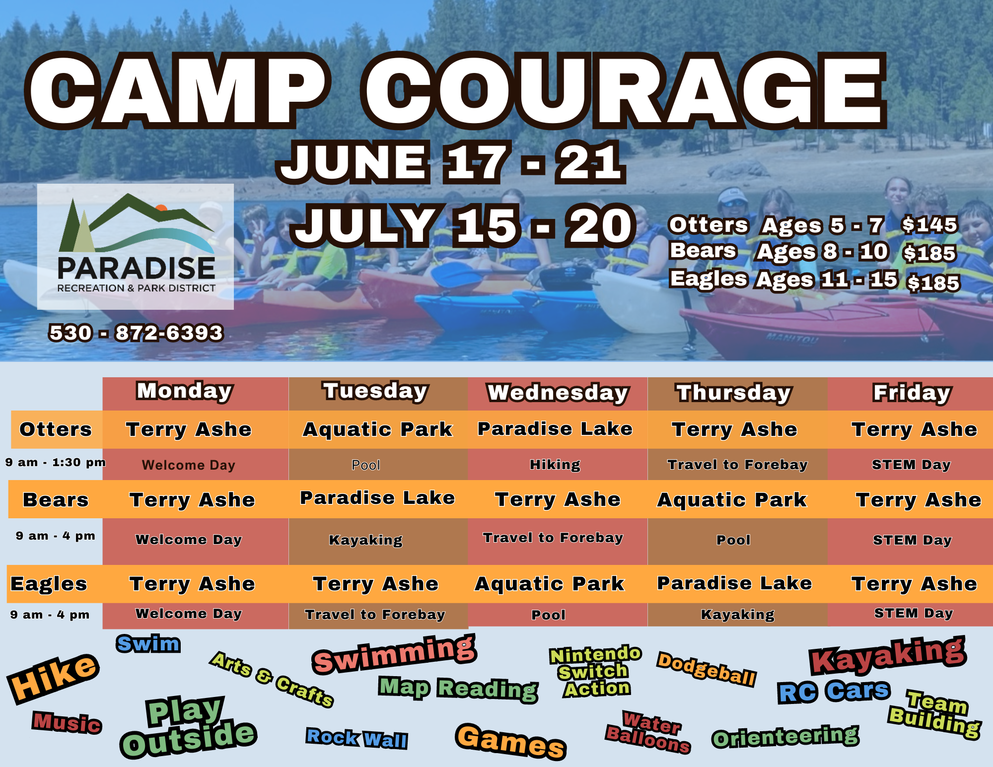 A colorful summer camp schedule for "Camp Courage" with activities and pricing listed for different age groups.