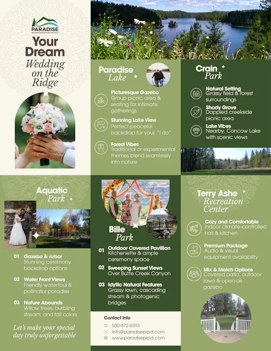 This image highlights wedding venue options in Paradise, featuring lakes, parks, and beautiful natural settings for ceremonies.