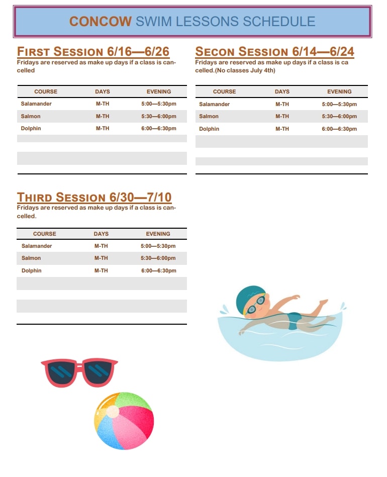 Swim lessons schedule with three sessions, courses: Salamander, Salmon, Dolphin. Includes illustrations of sunglasses, a beach ball, and a swimmer.