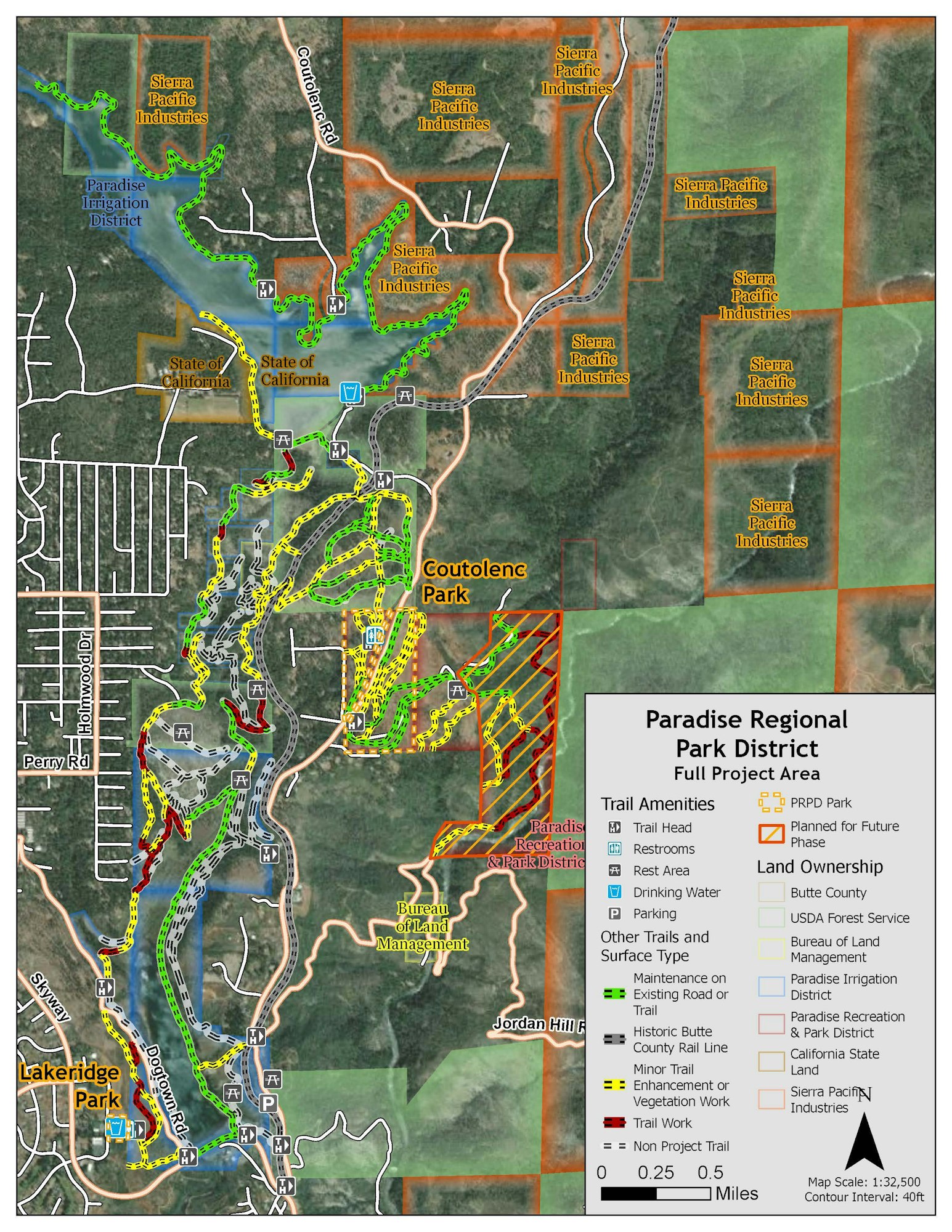 Map of the Paradise Regional Park District showing trails, amenities, land ownership, and project areas.