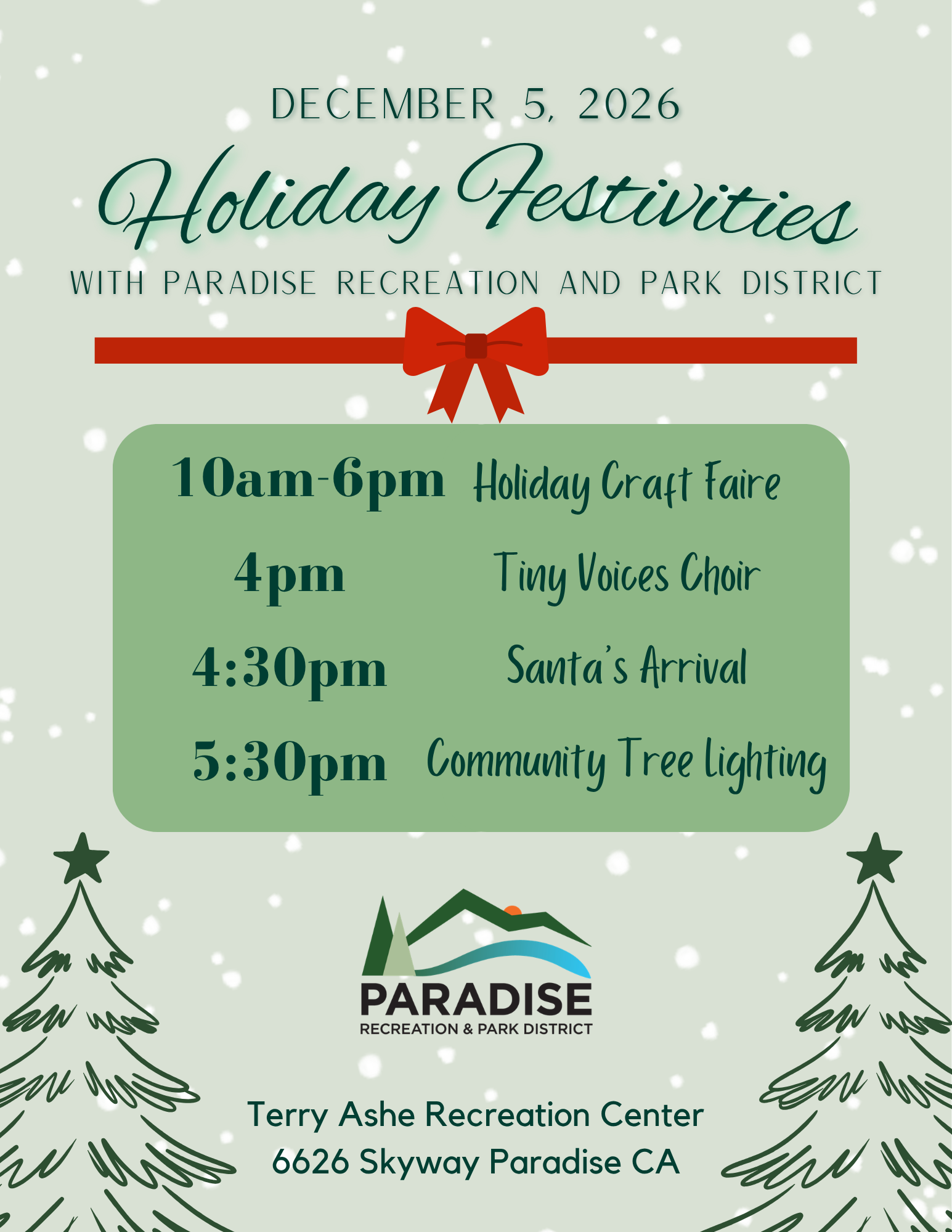 Holiday festivities on December 5, 2026, include a craft faire, choir, Santa's arrival, and tree lighting at Terry Ashe Rec Center.