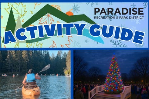 Paradise Recreation & Park District Activity Guide with kayaking and a lit Christmas tree event.