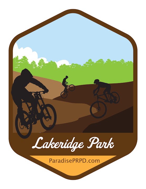 The image features a logo for Lakeridge Park, depicting mountain bikers against a natural landscape.