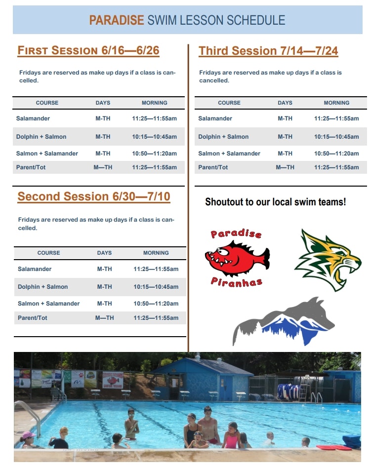 Paradise swim lesson schedule for three sessions, June-July. Includes course times and a shoutout to swim teams. Image of a pool below.