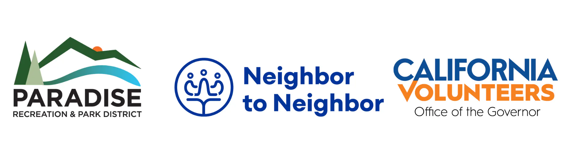Three logos: Paradise Recreation & Park District, Neighbor to Neighbor, California Volunteers (Office of the Governor).