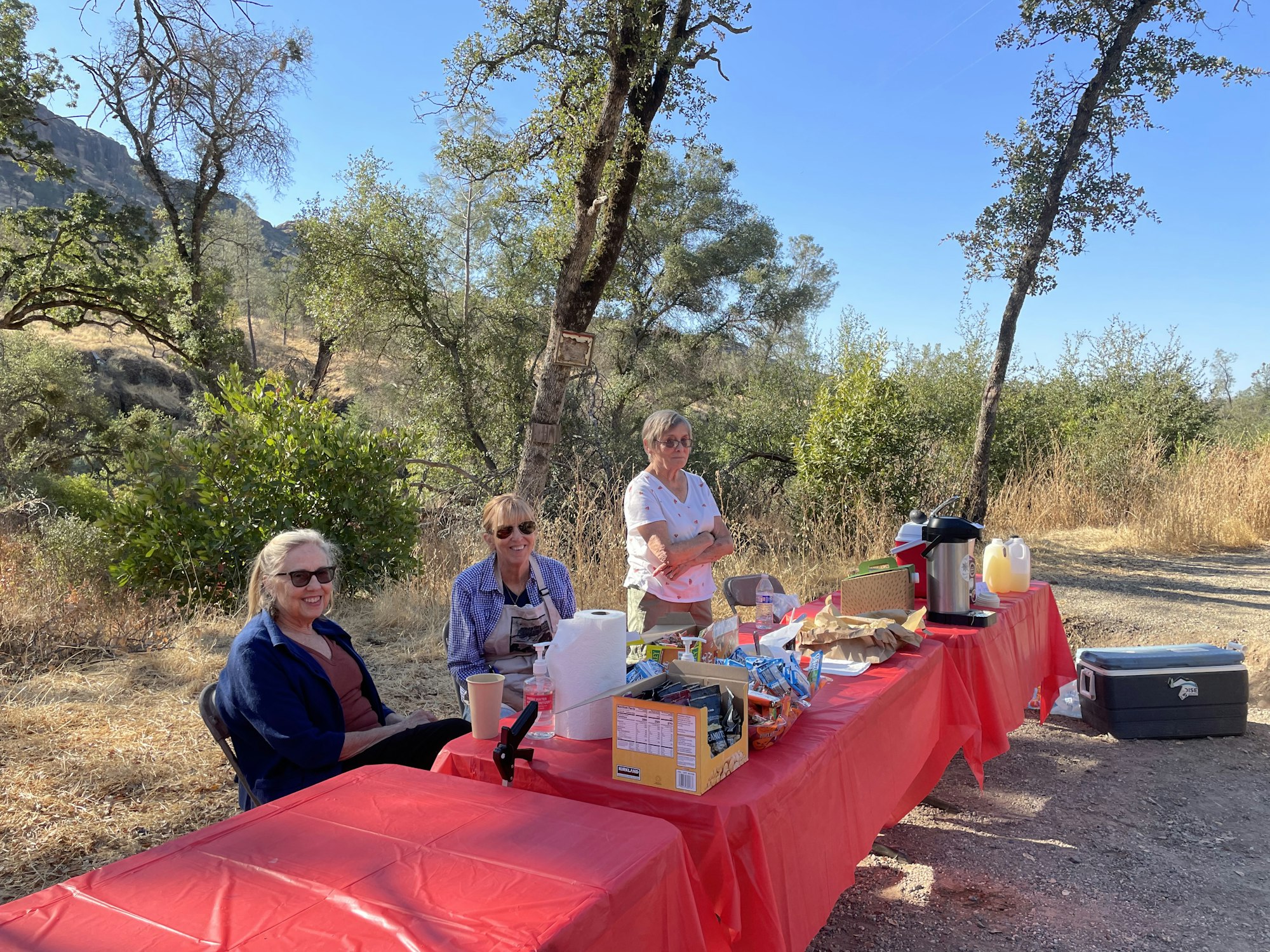 Three people at an outdoor picnic setup with red tables, snacks, drinks, surrounded by trees.
