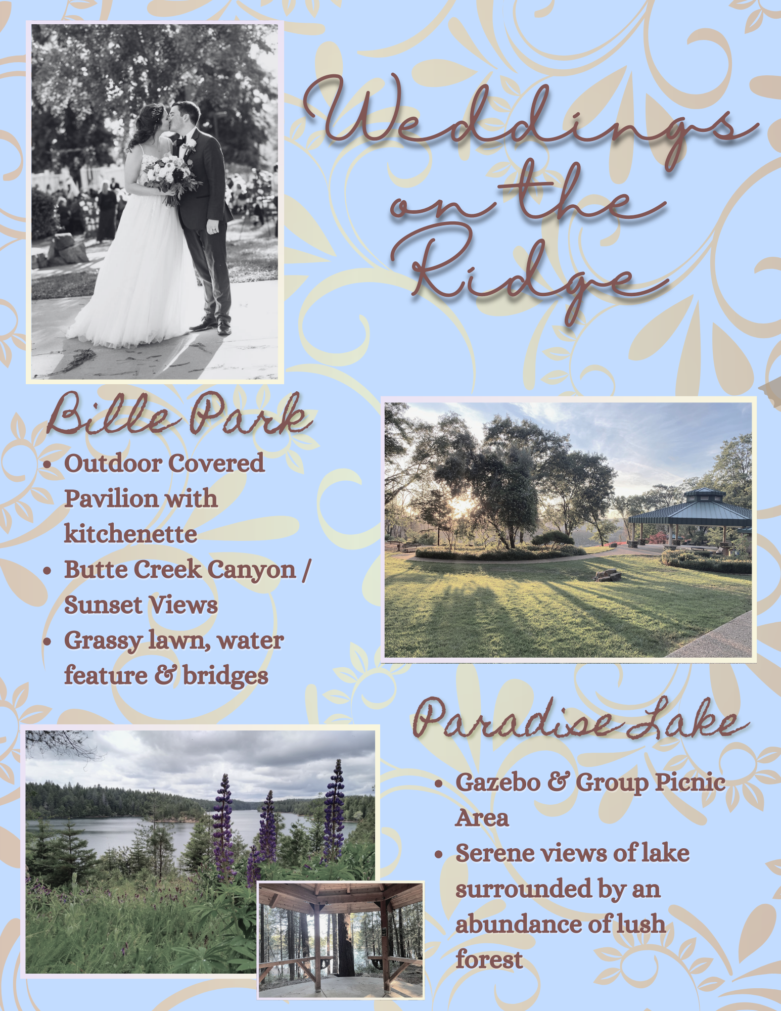 Weddings on the Ridge: Bille Park and Paradise Lake venues, featuring gazebos, picnic areas, scenic views, grassy lawns, and water features.