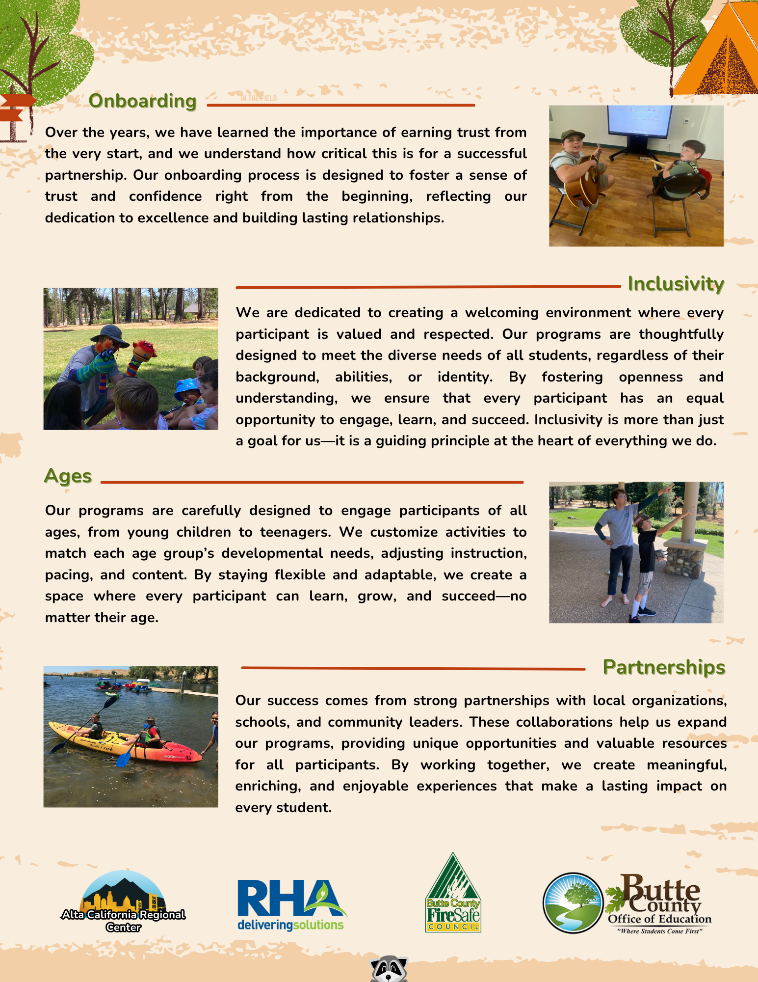 An infographic detailing values like Onboarding, Inclusivity, Ages, and Partnerships with corresponding images and logos of partner organizations.