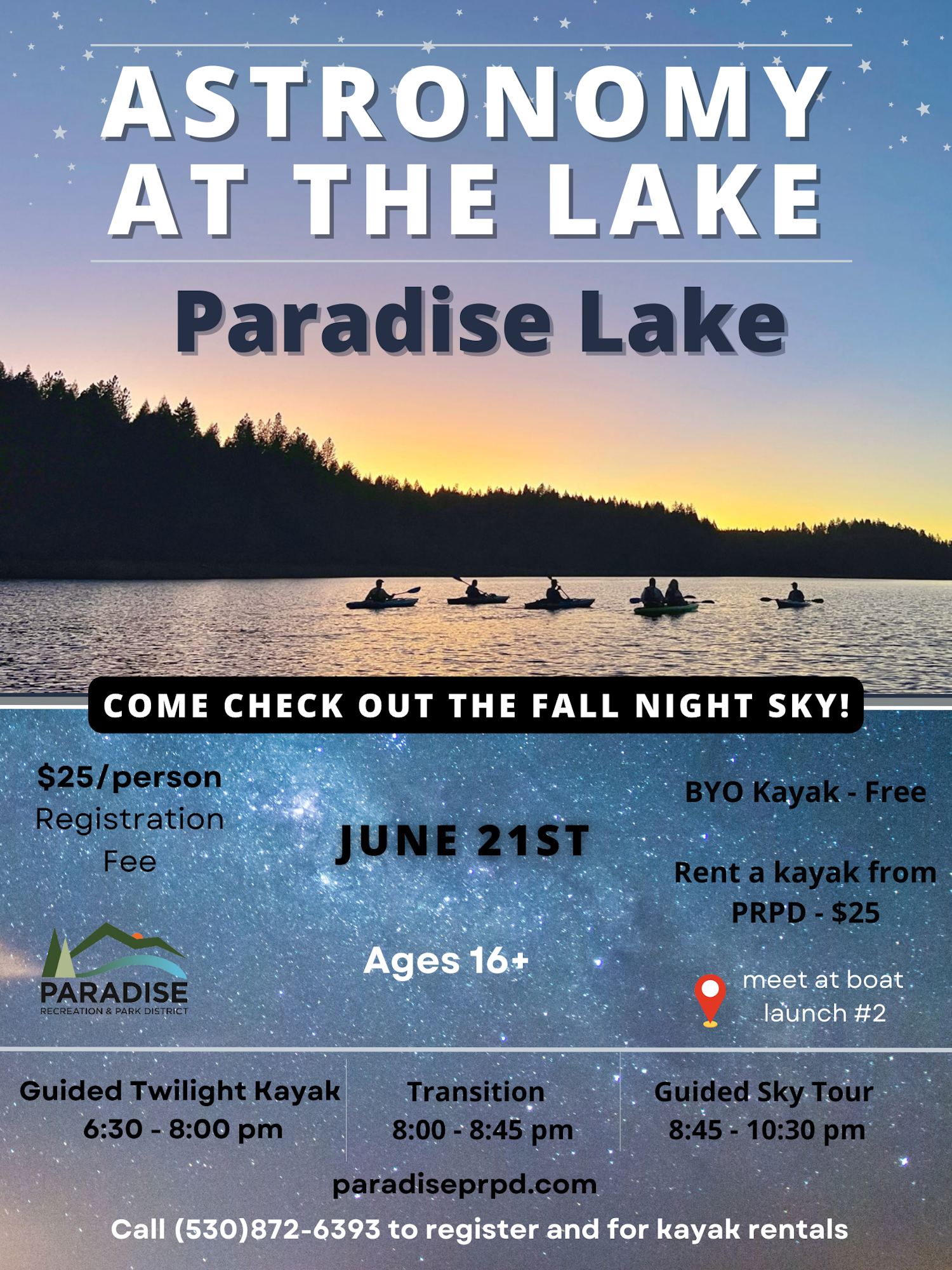 Flyer for "Astronomy at the Lake" event at Paradise Lake on June 21st. Includes kayaking, sky tour, and registration details. Ages 16+.