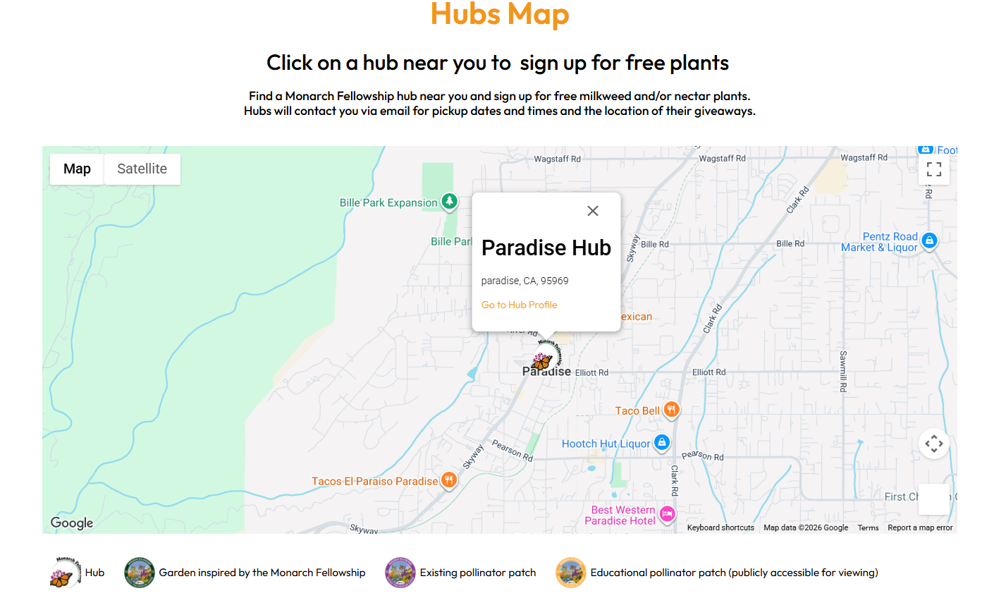 A map showing the "Paradise Hub" location for signing up for free milkweed and nectar plants from the Monarch Fellowship.