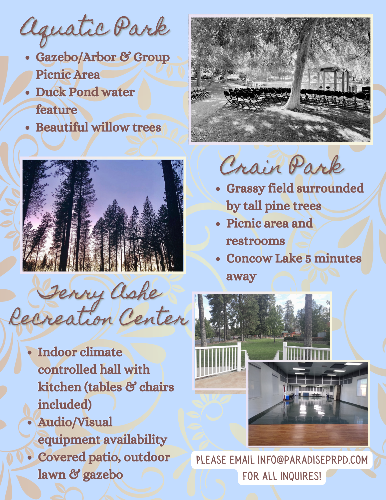 Aquatic Park, Crain Park, and Jerry Ashe Recreation Center details with contact info for inquiries.