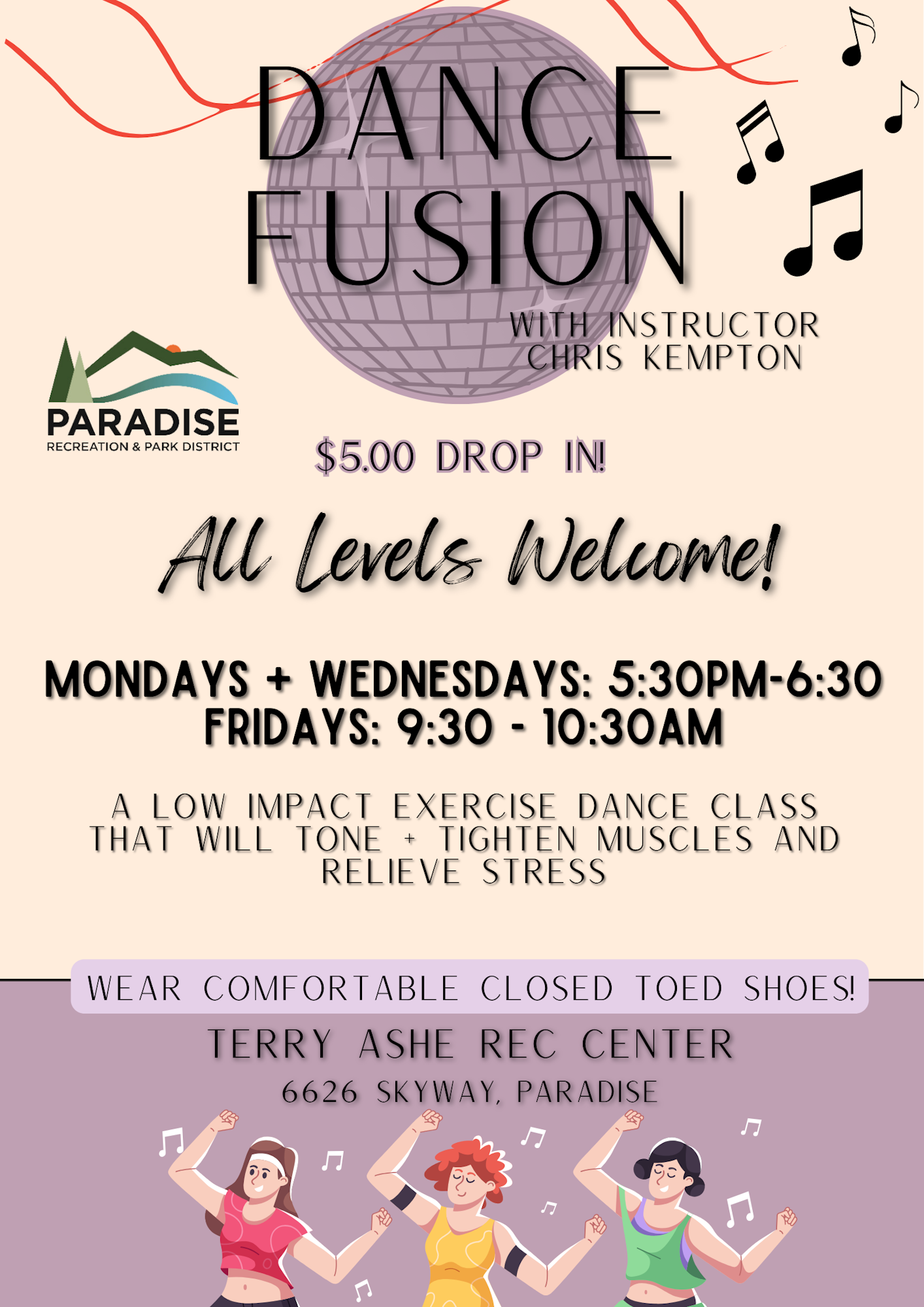 Dance Fusion class with instructor Chris Kempton. $5 drop-in. All levels welcome. Mon/Wed 5:30PM, Fri 9:30AM at Terry Ashe Rec Center.