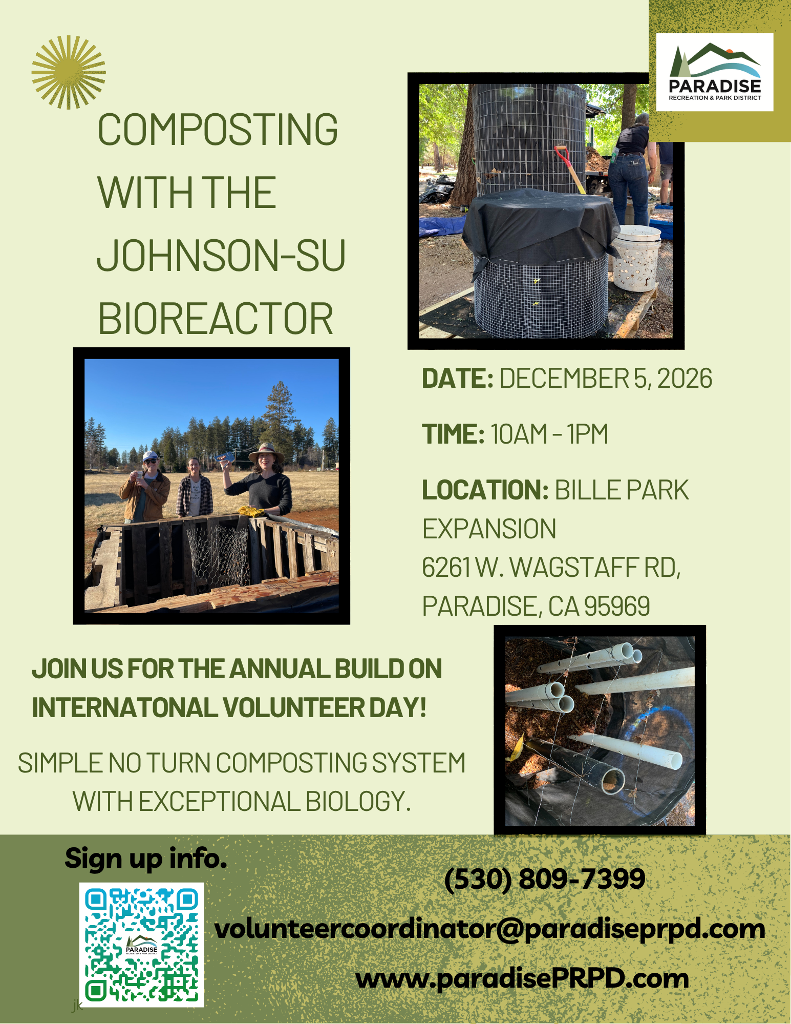 Event on Dec 5, 2026, 10 AM-1 PM at Bille Park: Join a volunteer build for a no-turn composting system. Sign up info included.