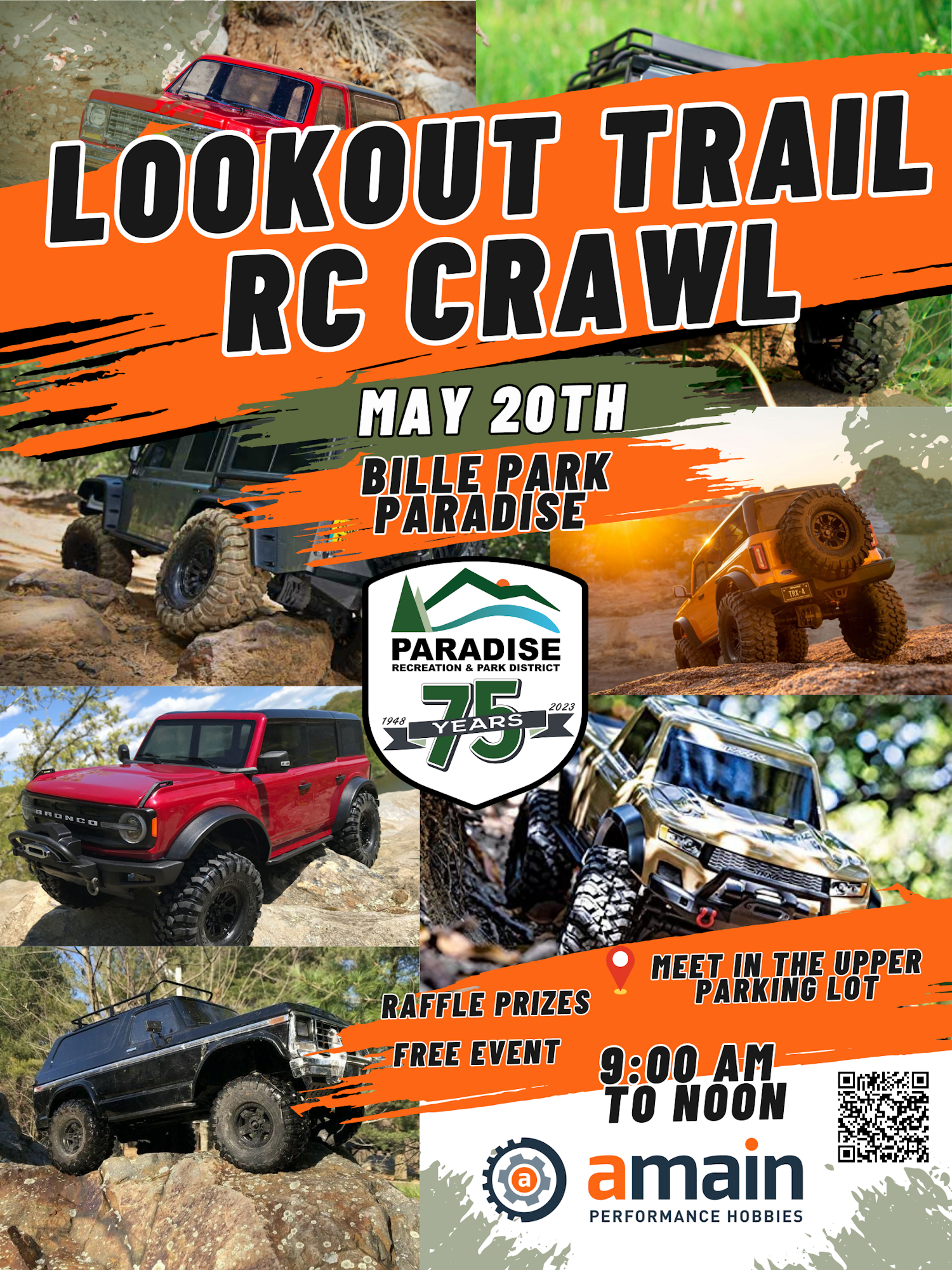 Event flyer for "Lookout Trail RC Crawl" on May 20 at Bille Park, featuring raffle prizes and free entry from 9 AM to noon.