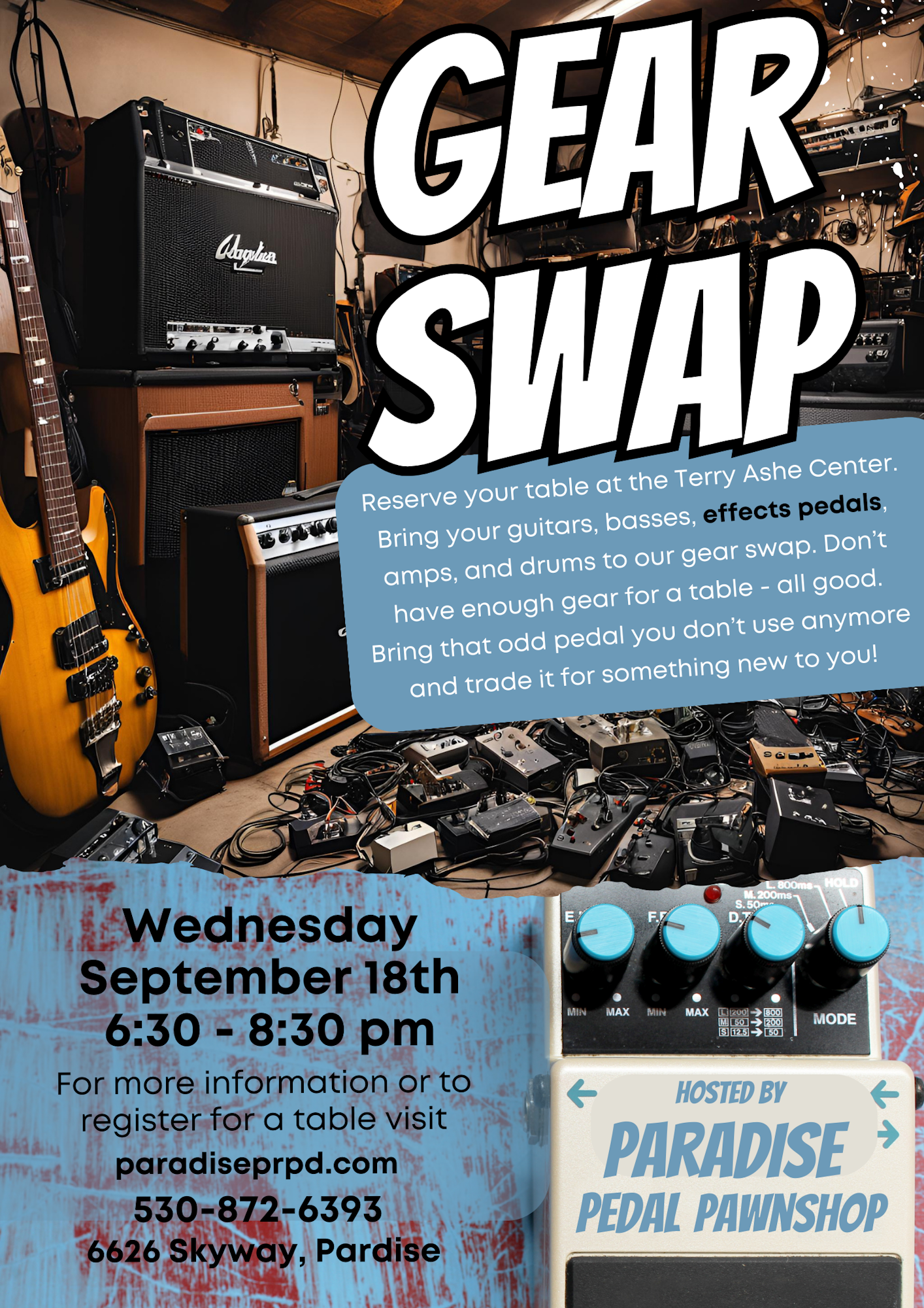 Poster for a Gear Swap event with guitars and pedals, scheduled for Wednesday, September 18th. Hosted by Paradise Pedal Pawnshop.
