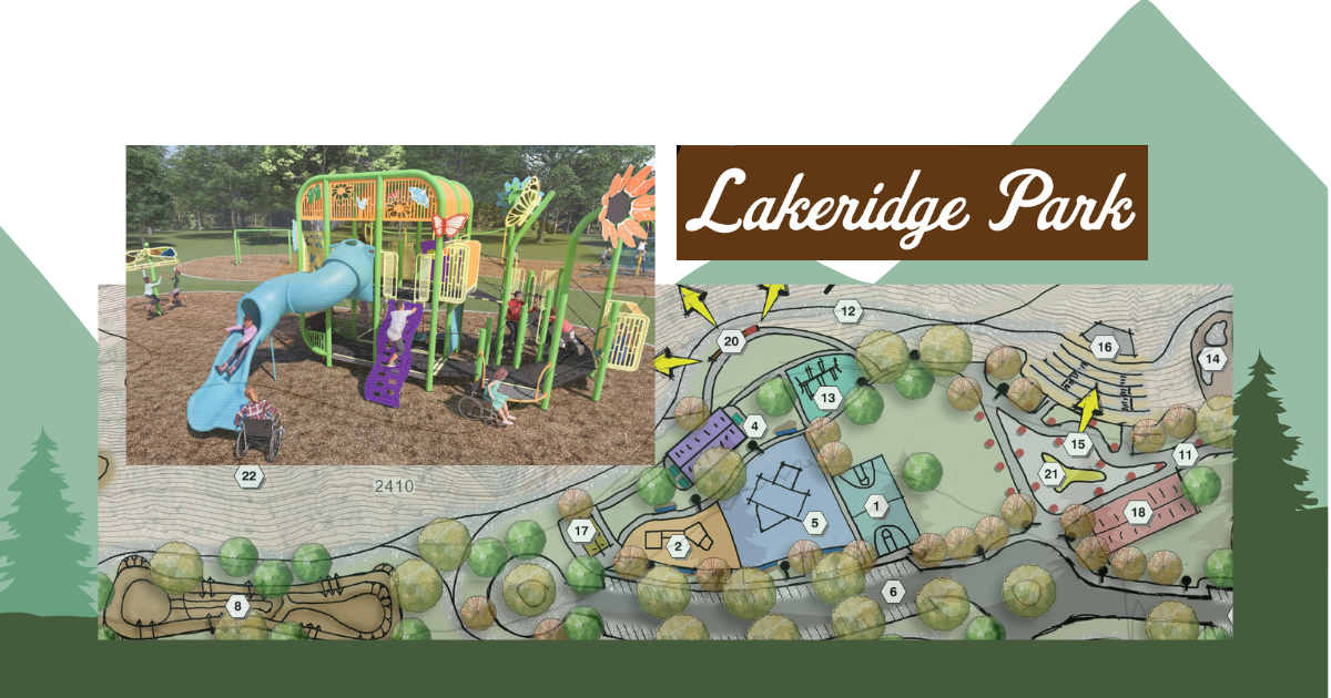A playground design for Lakeridge Park features inclusive play structures, a slide, and an area map for park layout.