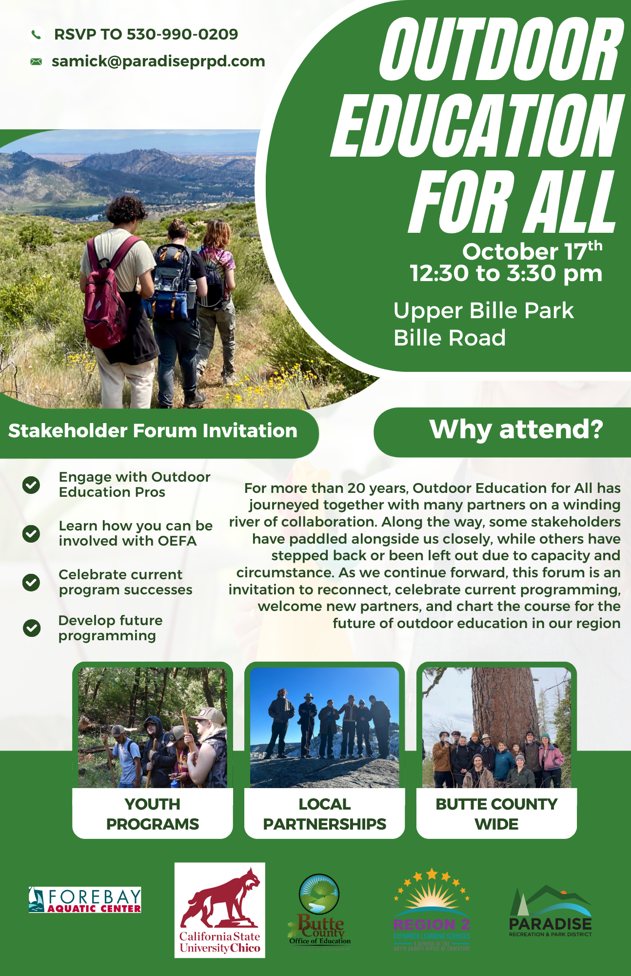 Outdoor Education event, Oct 17, 12:30-3:30 pm, Upper Bille Park. Join stakeholders, celebrate, and plan future programs. RSVP via phone/email.