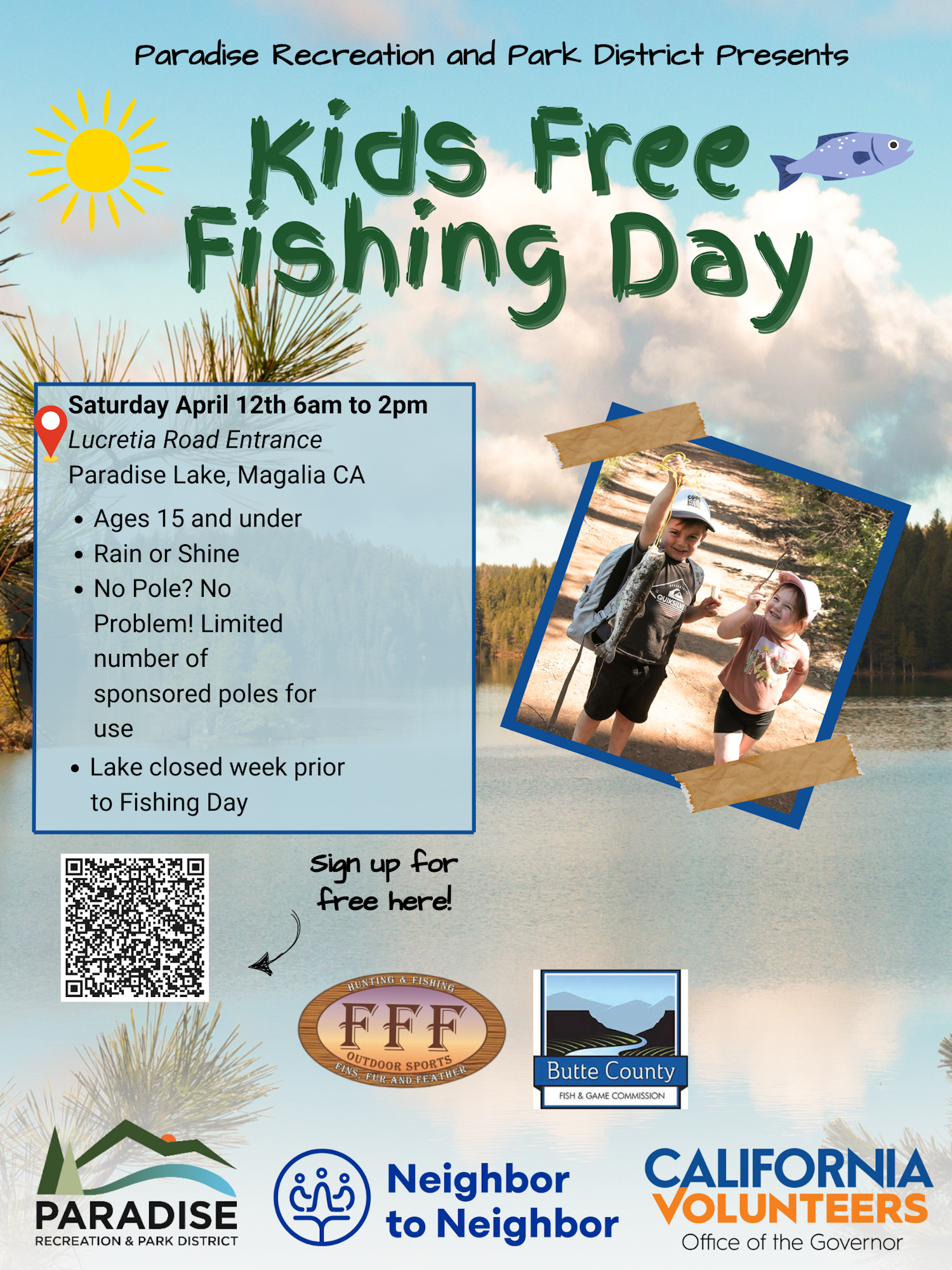 Kids Free Fishing Day event at Paradise Lake on April 12th, 6am-2pm. Ages 15 and under, rain or shine. Registration link and sponsors shown.