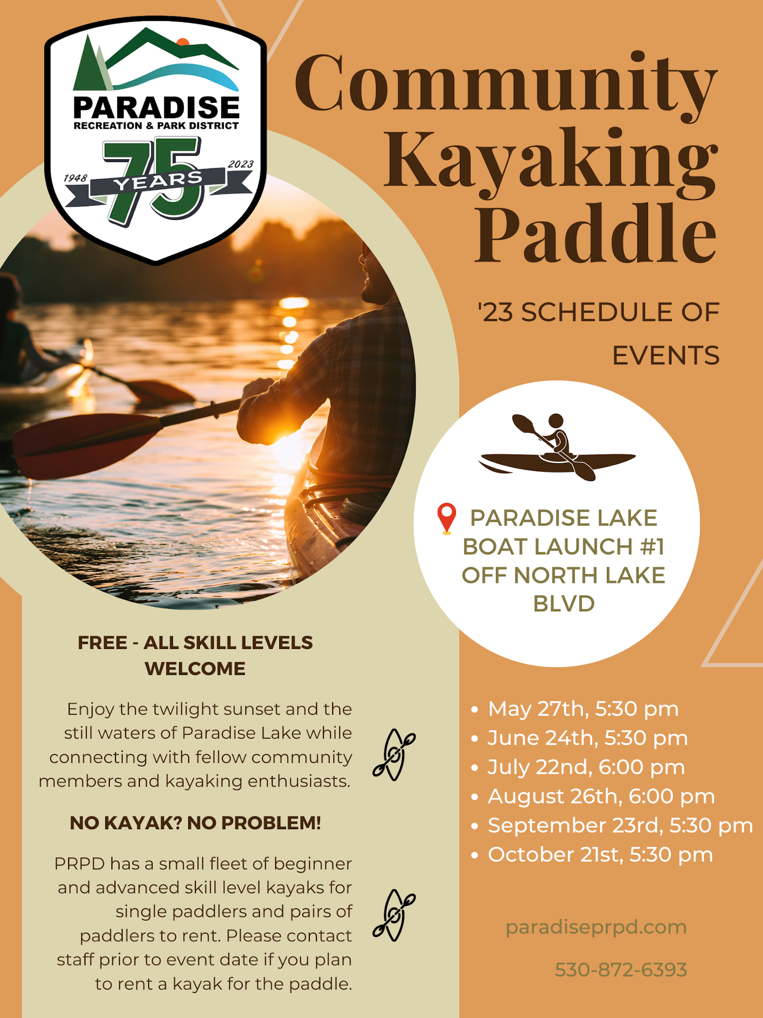 Community kayaking event at Paradise Lake, free for all skill levels. Dates listed: May 27, June 24, July 22, Aug 26, Sep 23, Oct 21.