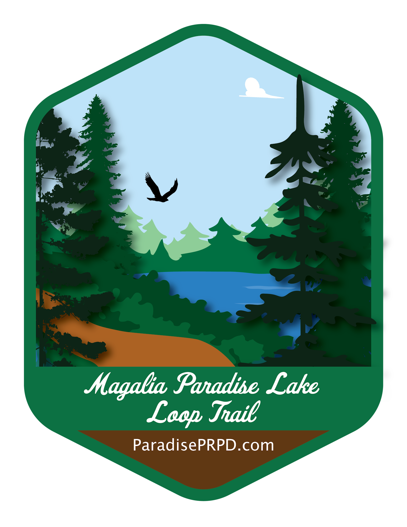 The image features a logo for the Magalia Paradise Lake Loop Trail, showcasing trees, a lake, and an eagle.