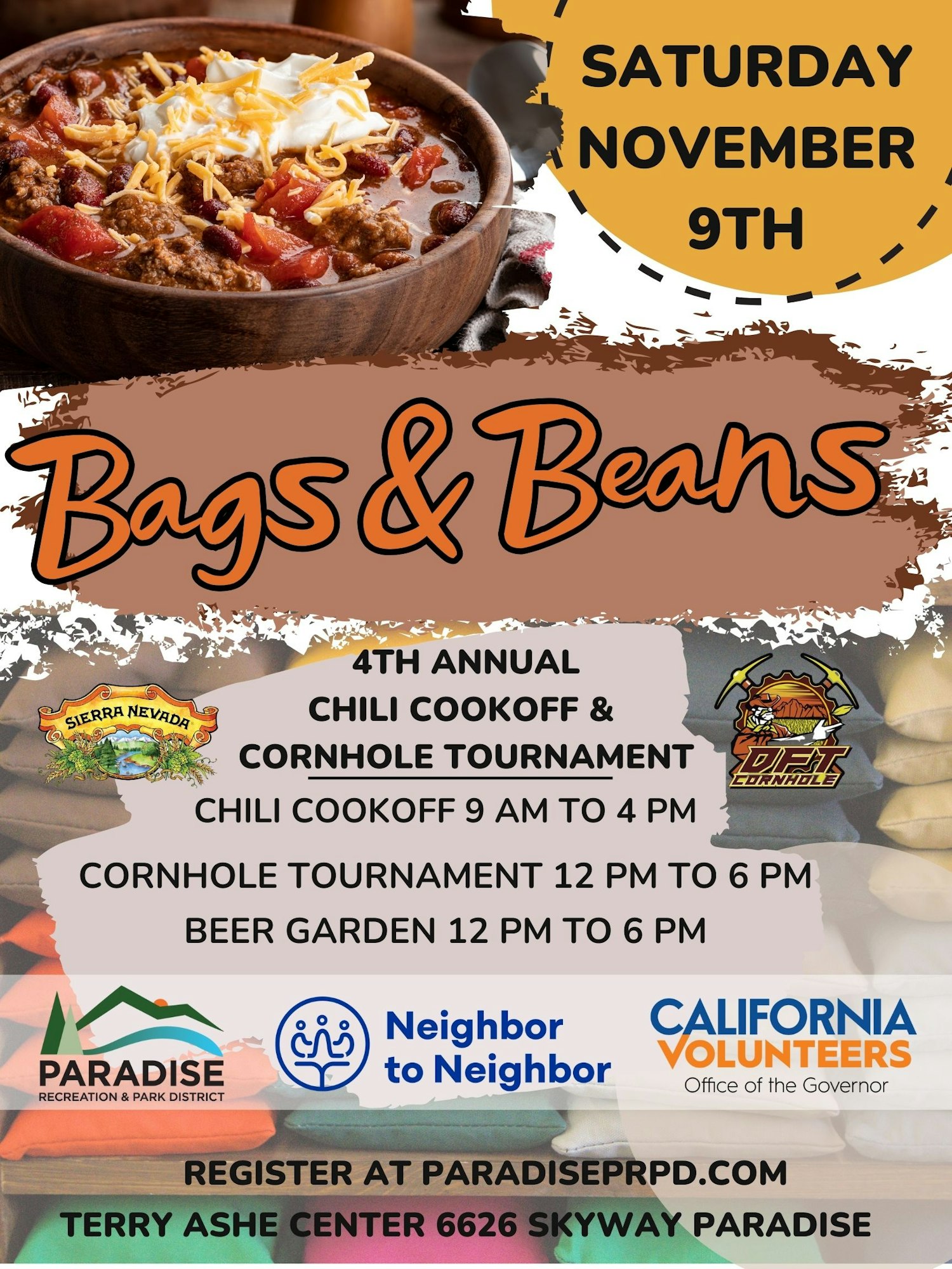 Flyer for the 4th annual Bags & Beans event with chili cook-off and cornhole tournament on November 9, including a beer garden.