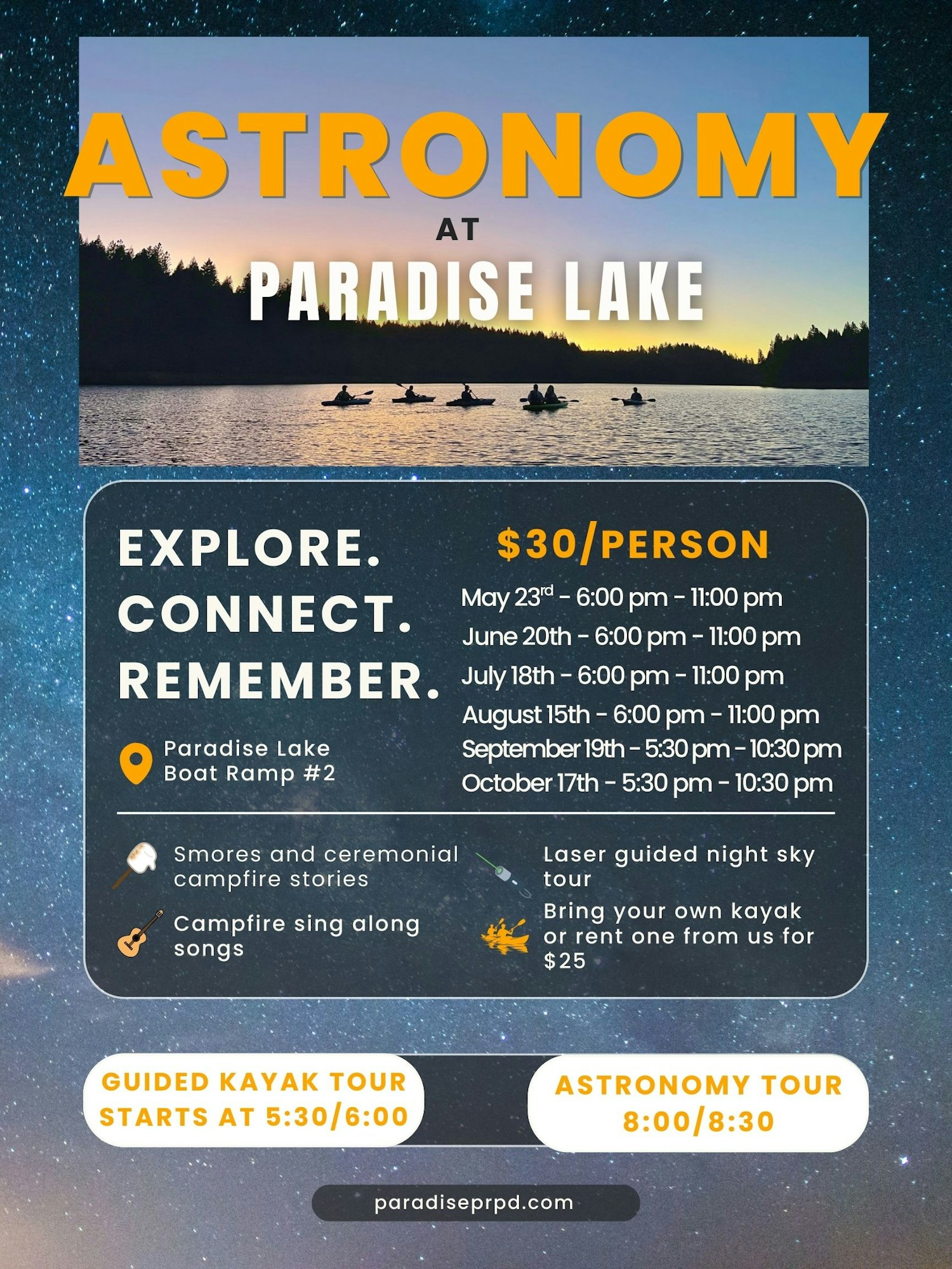 Event at Paradise Lake featuring astronomy tours, campfire stories, and kayaking. Dates: May-Oct. $30/person, $25 for kayak rental.