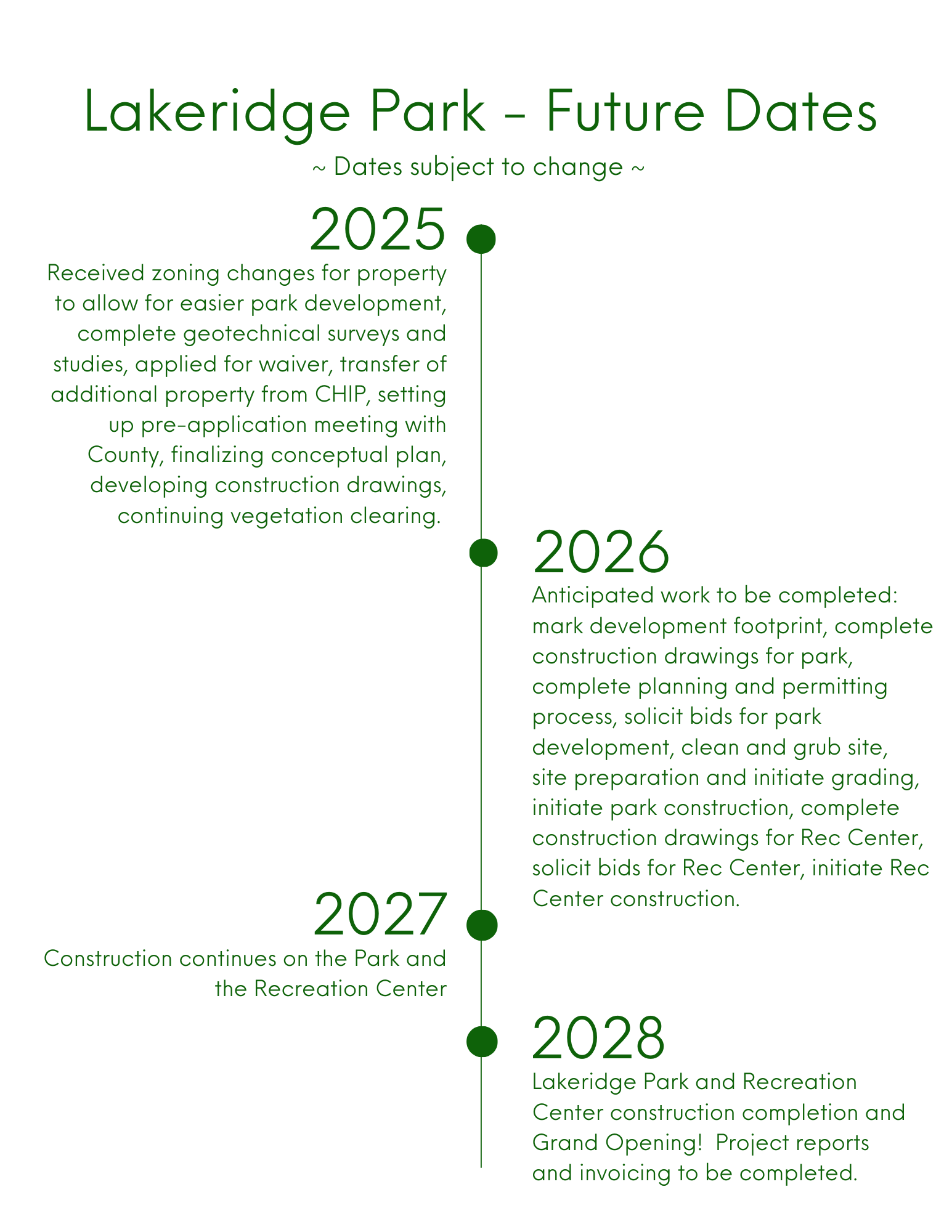 Timeline for Lakeridge Park development from 2025-2028, detailing planning, construction, and opening phases.