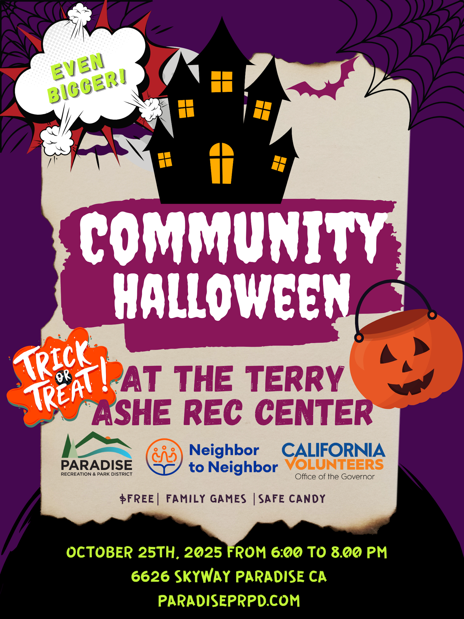Community Halloween event at Terry Ashe Rec Center, Oct 25, 2025, 6-8 PM. Free, family games, safe candy. ParadisePRPD.com.
