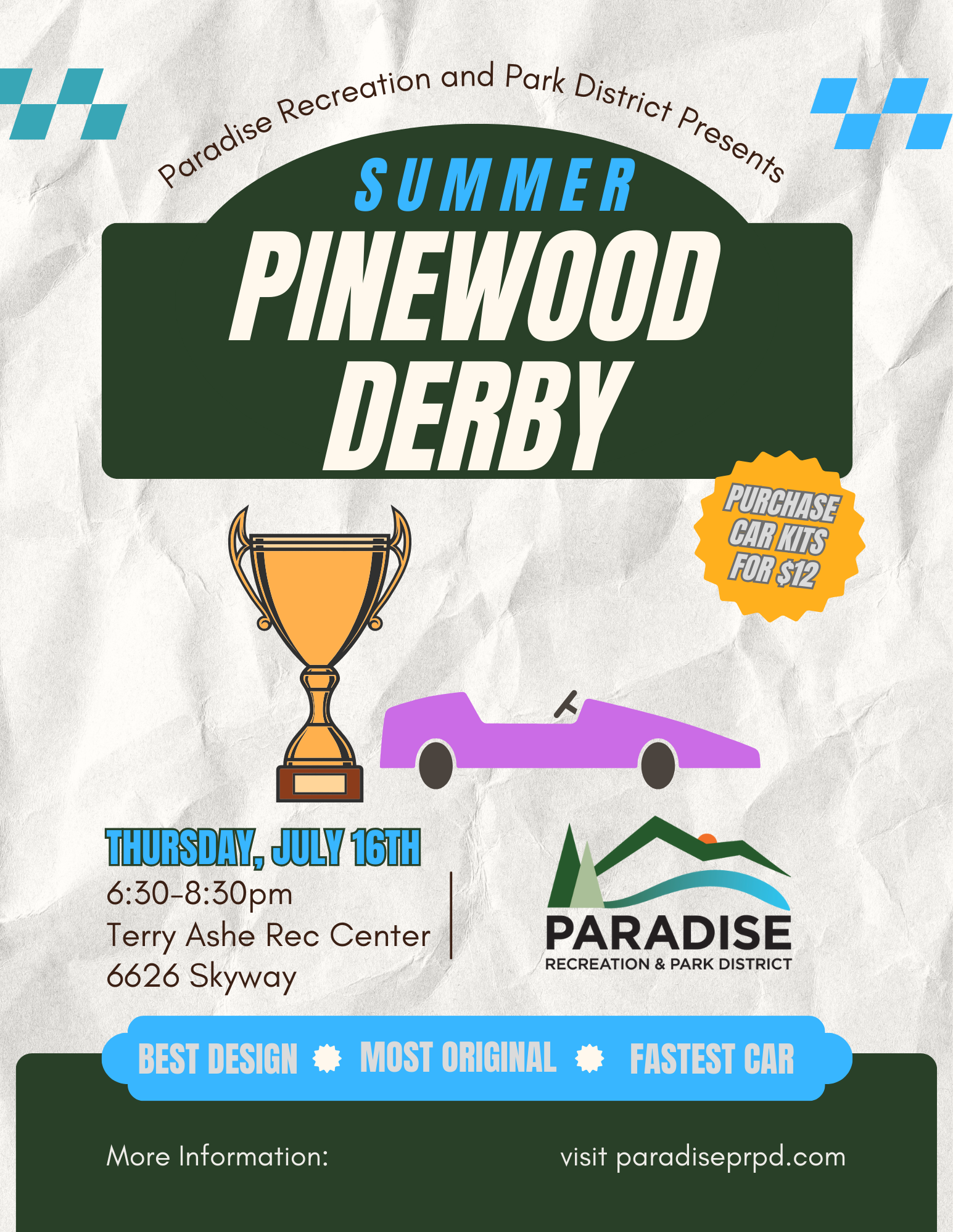 The image promotes the Summer Pinewood Derby event on July 16th, featuring activities at Terry Ashe Rec Center and awards for designs.