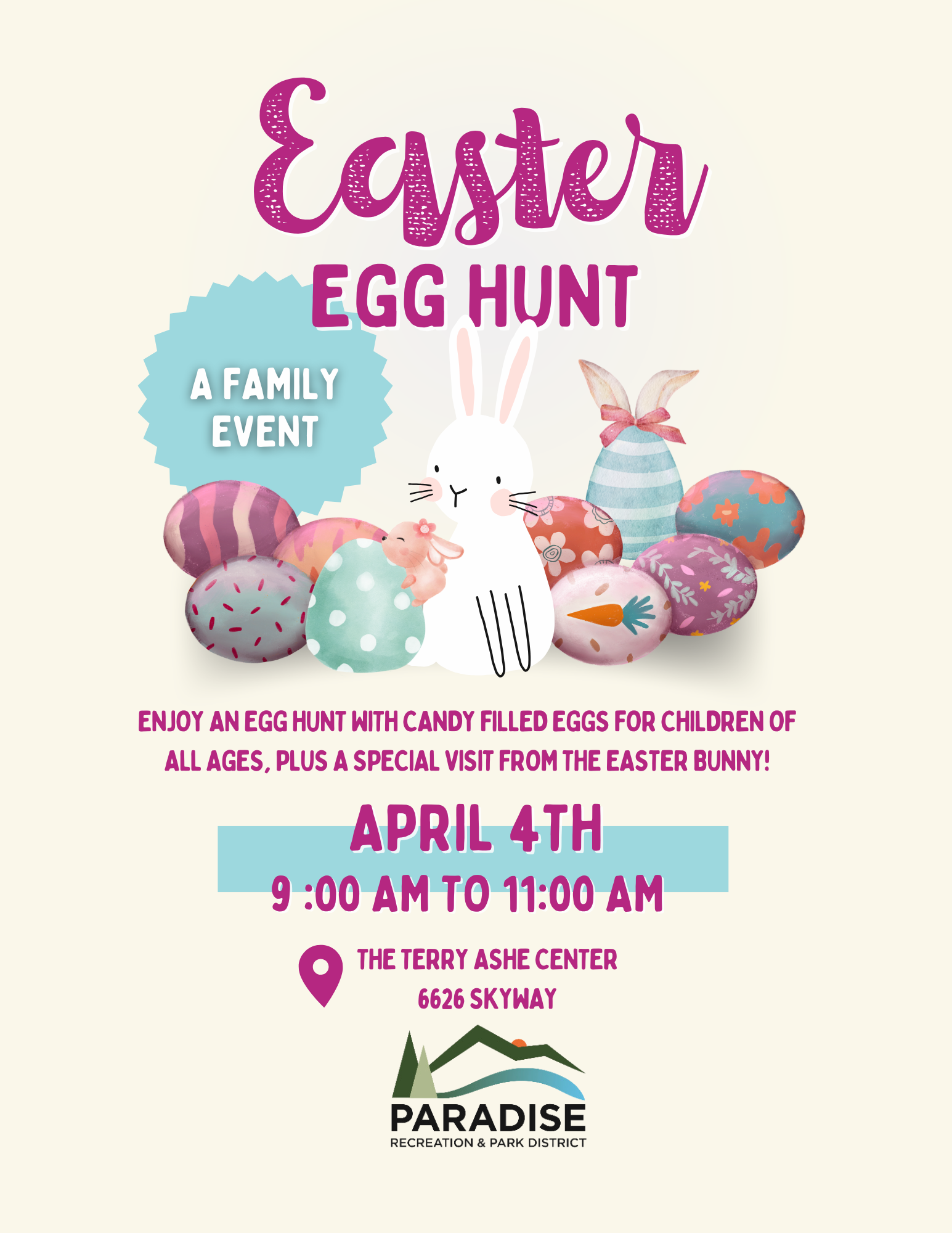 Easter Egg Hunt on April 4th, 9-11 AM at Terry Ashe Center. Fun for all ages with candy-filled eggs and a visit from the Easter Bunny!