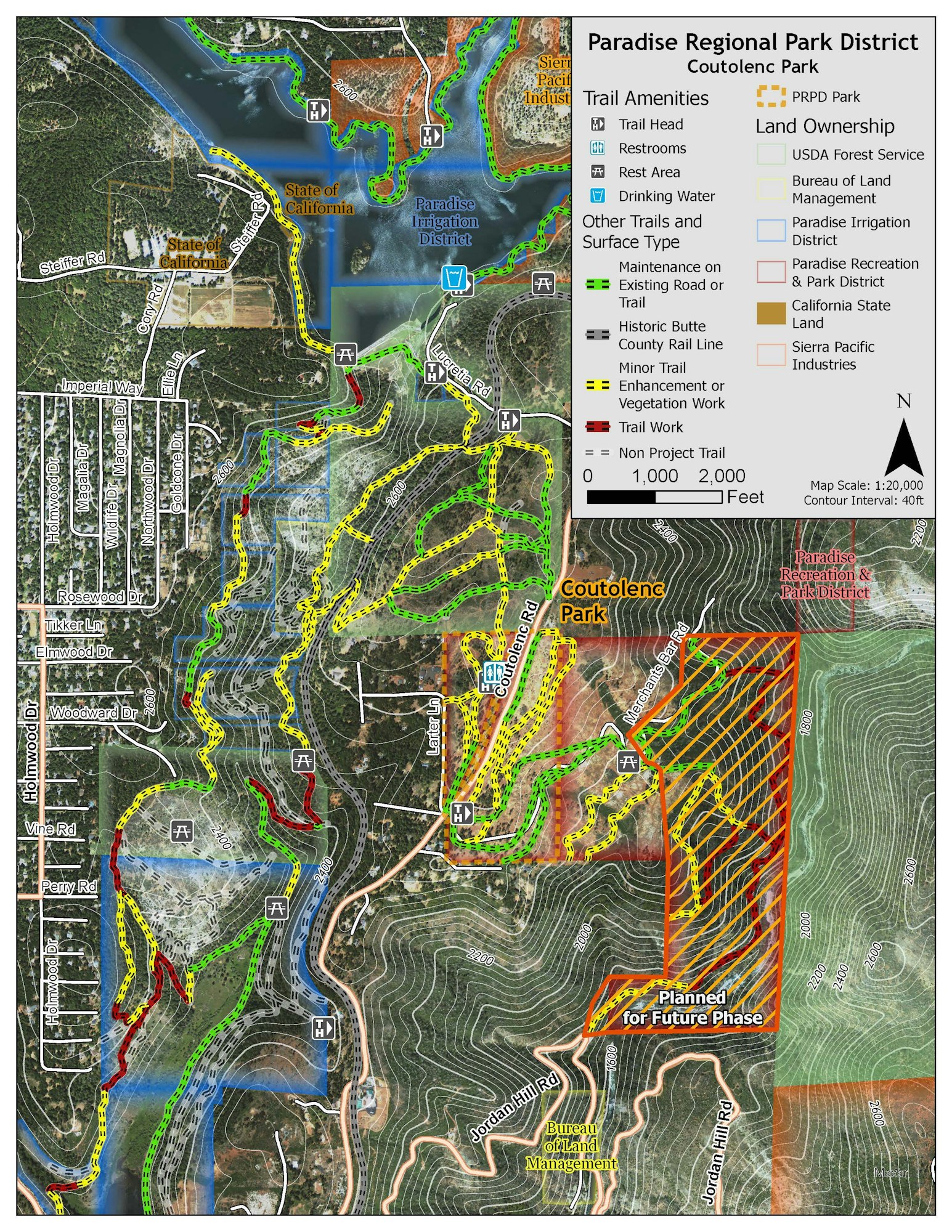 Map of Coutolenc Park in Paradise, California, showing trails, amenities, park lands, and planned future developments.