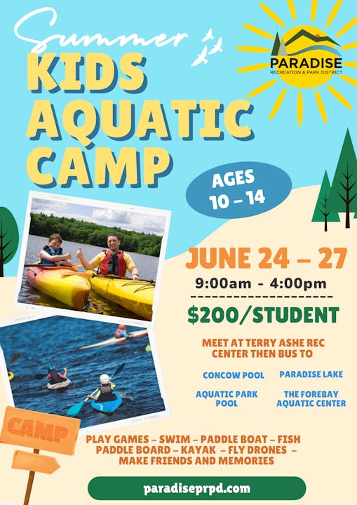 A colorful poster advertising a summer Kids Aquatic Camp, for ages 10-14, with activities like swimming, kayaking, and more.
