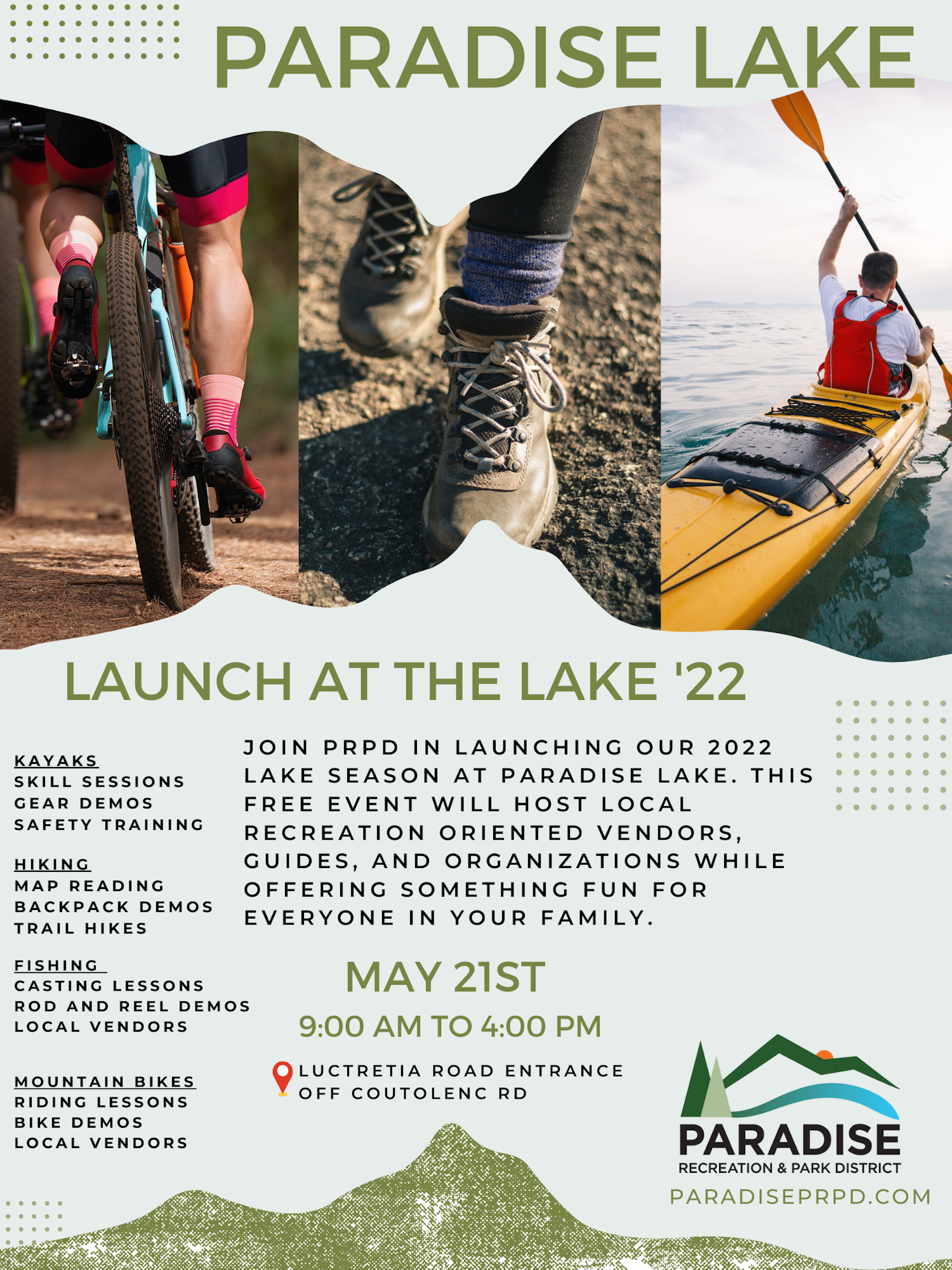 Event at Paradise Lake on May 21 from 9 AM to 4 PM featuring kayaking, hiking, fishing, and mountain biking demos and local vendors.