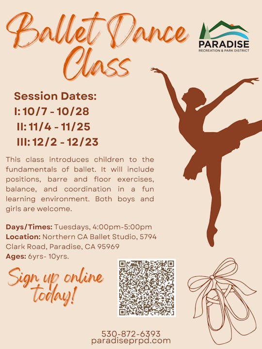 Ballet Dance Class flyer with session dates, times, location, for ages 6-10, and a QR code for online signup.