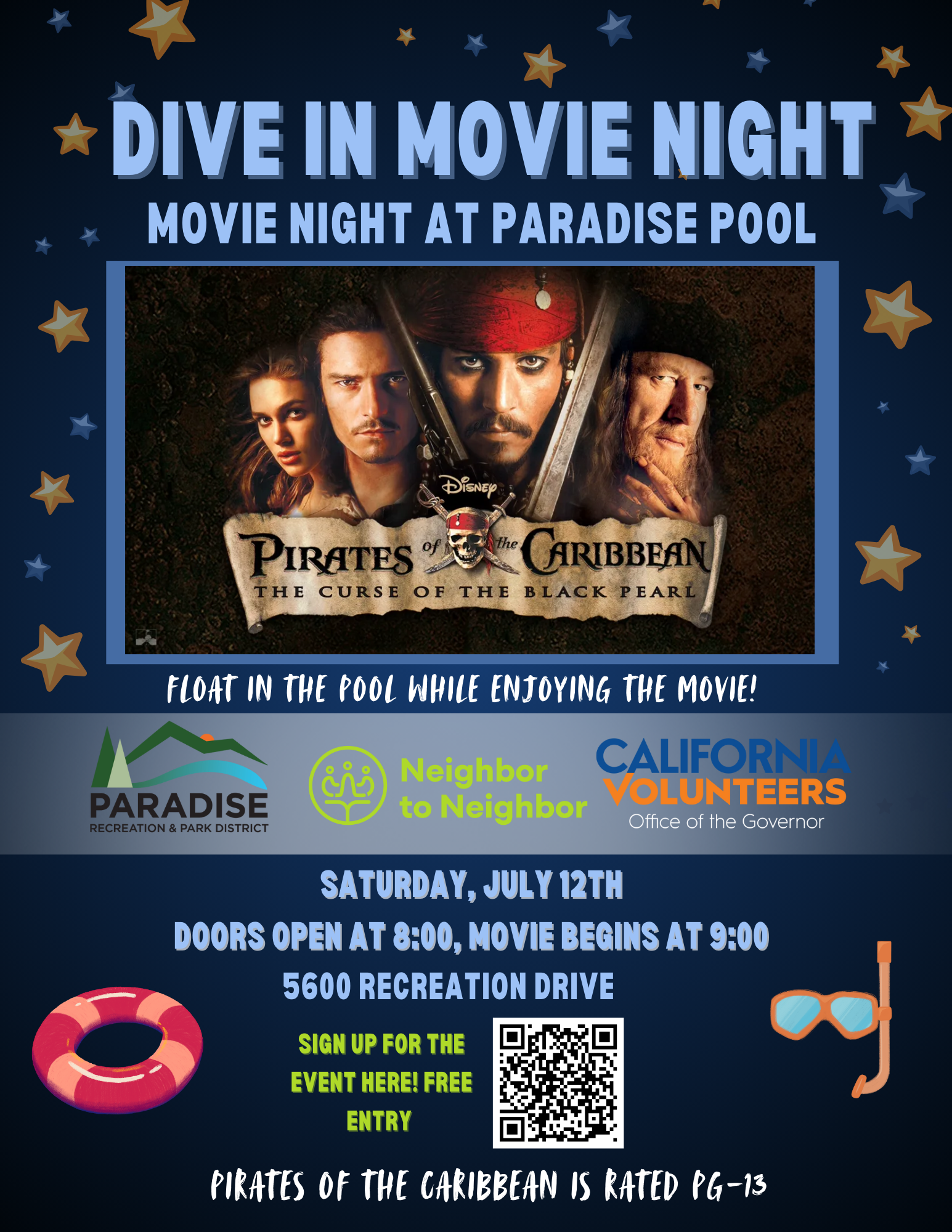 Dive-in movie night at Paradise Pool, featuring "Pirates of the Caribbean." Free entry on July 12th. Doors open at 8:00 PM.