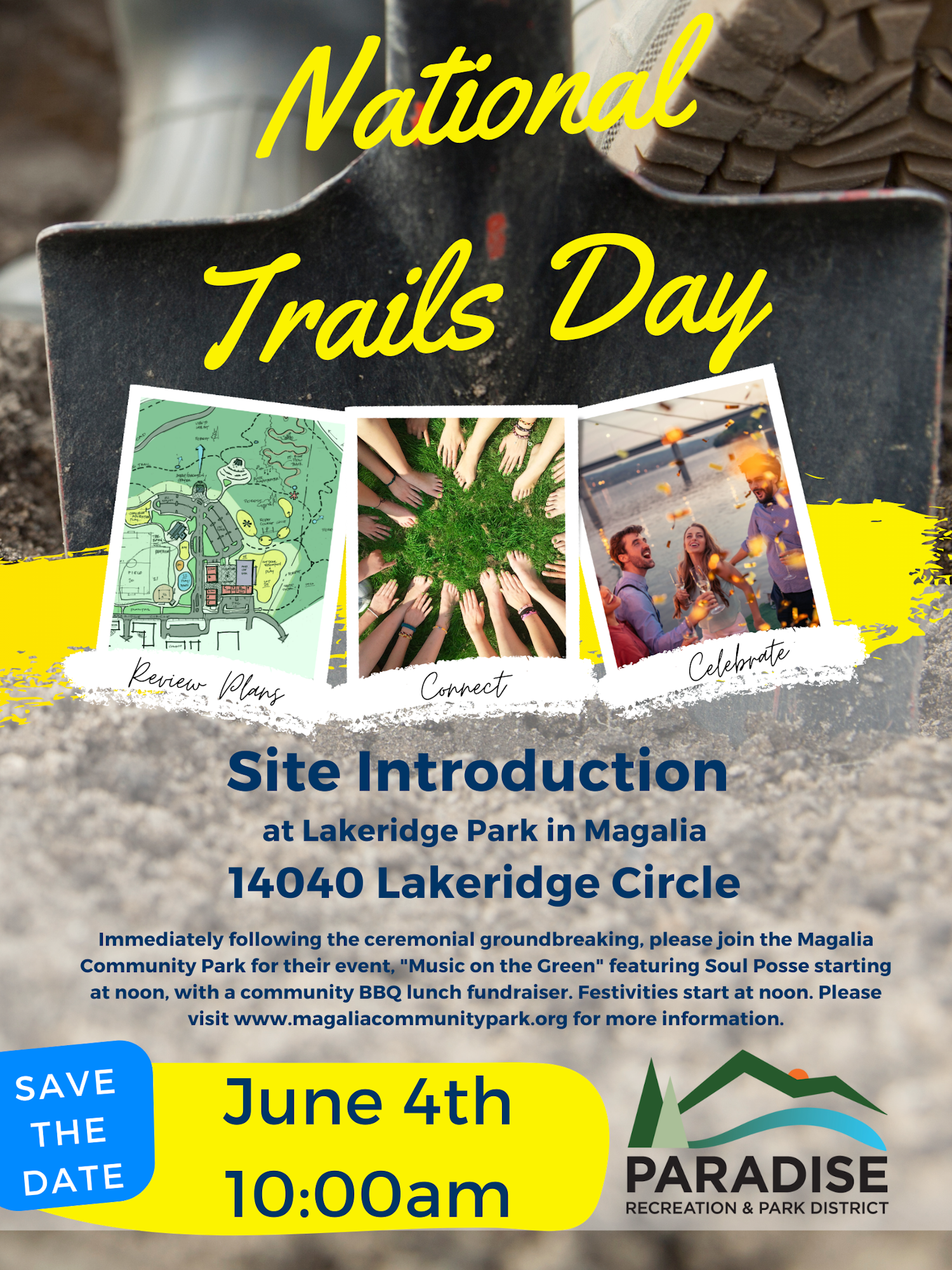 Event announcement for National Trails Day on June 4 at Lakeridge Park, Magalia. Includes activities and a community BBQ.