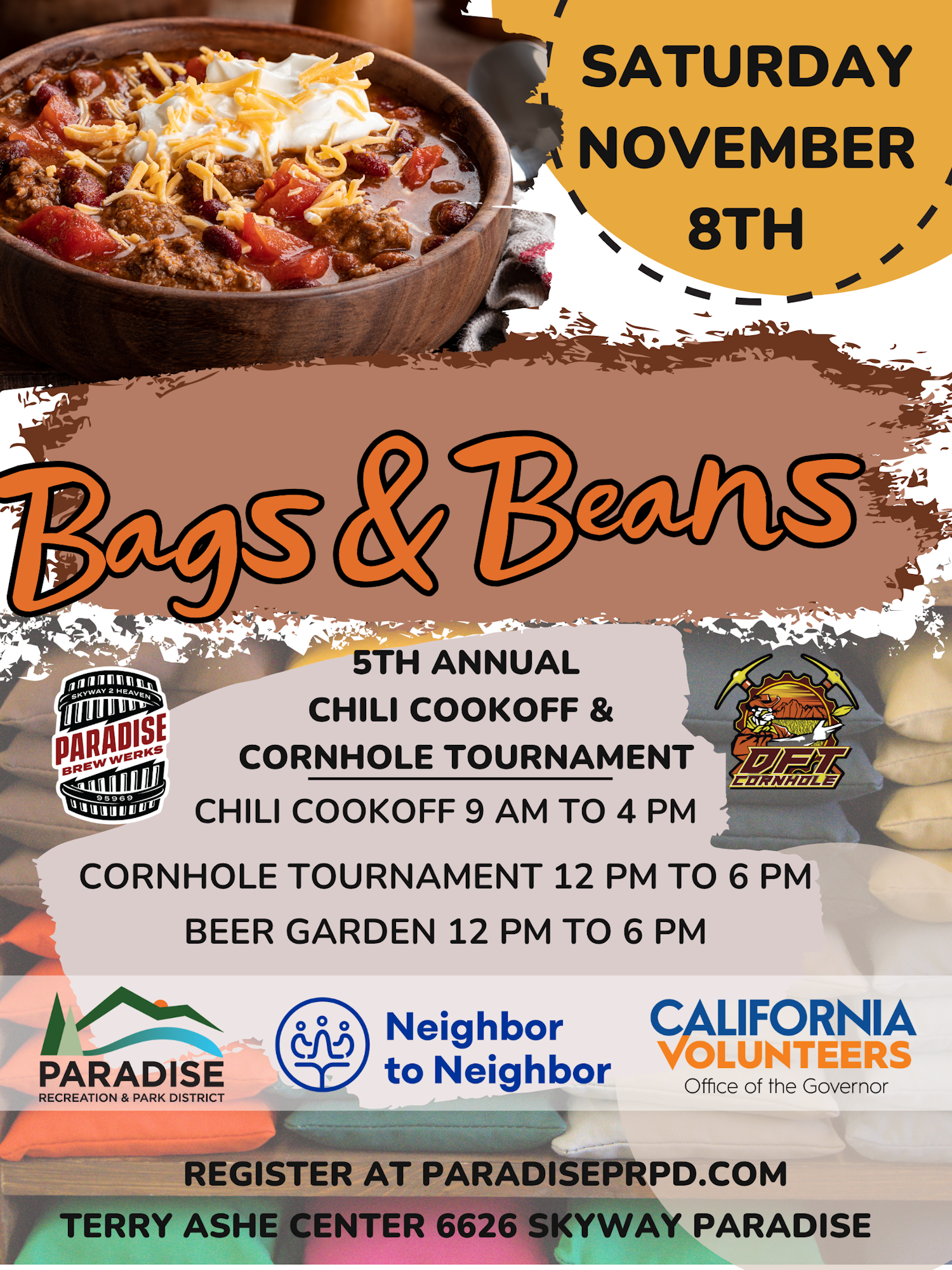 5th Annual Chili Cookoff & Cornhole Tournament, Nov 8, 9 AM-6 PM, Terry Ashe Center. Register at paradiseprpd.com.