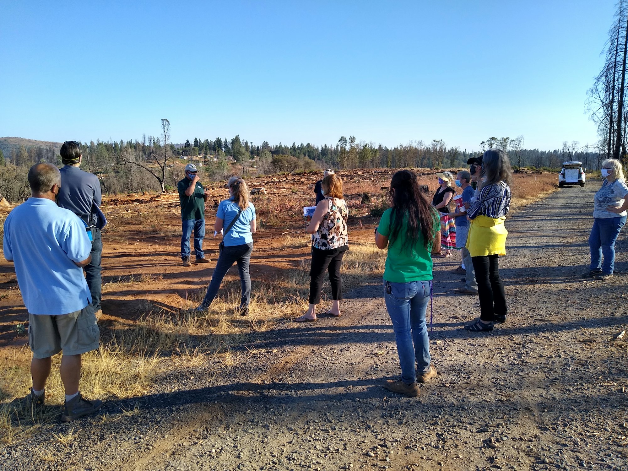 A group of people listens to a speaker in a burned landscape, possibly discussing environmental recovery or forestry issues.