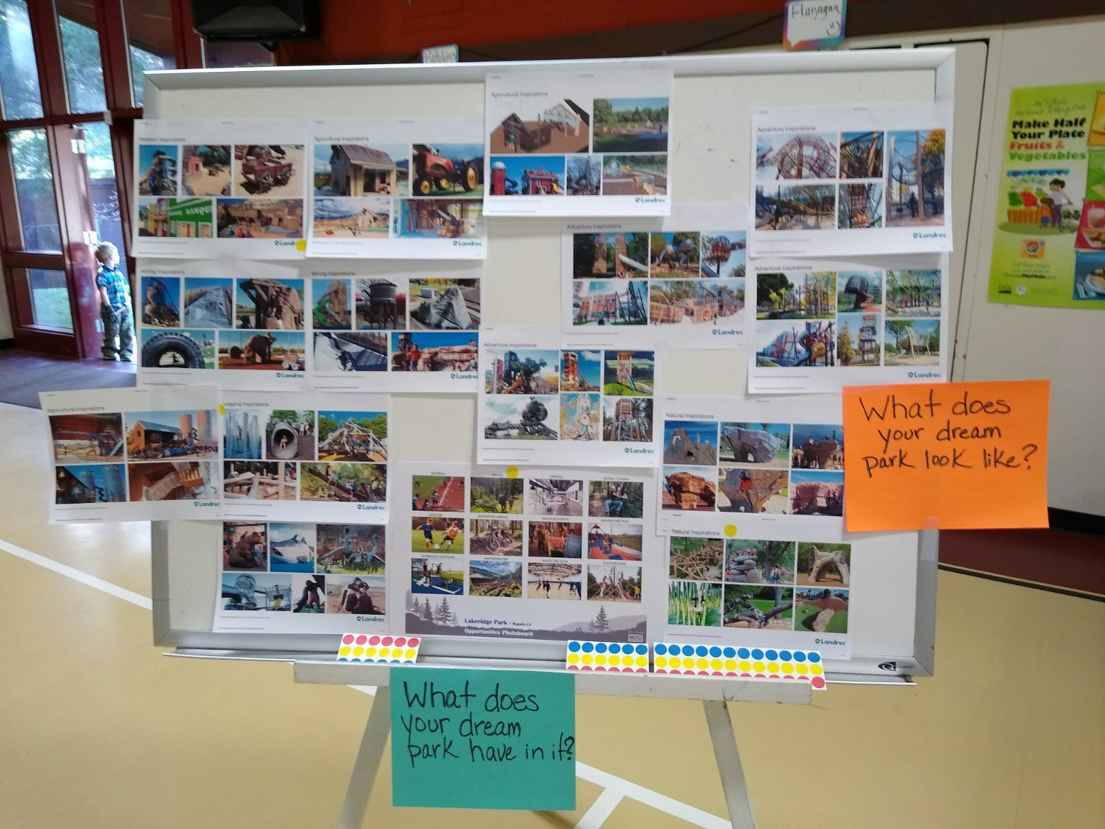 A display board with photos featuring various park inspirations, inviting input on participants' dream parks.