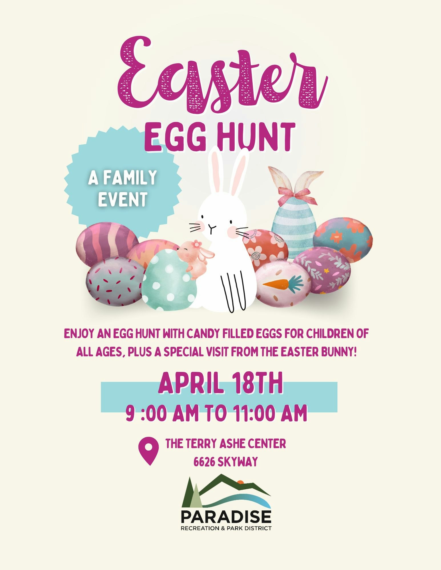 Easter Egg Hunt on April 18th, 9-11 AM at Terry Ashe Center. Family event with candy-filled eggs and Easter Bunny visit!